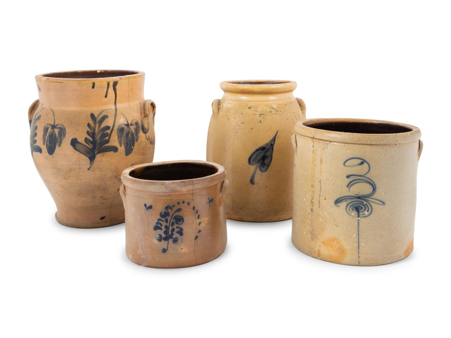 Four Cobalt Decorated Stoneware Crocks
