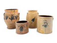Four Cobalt Decorated Stoneware Crocks
