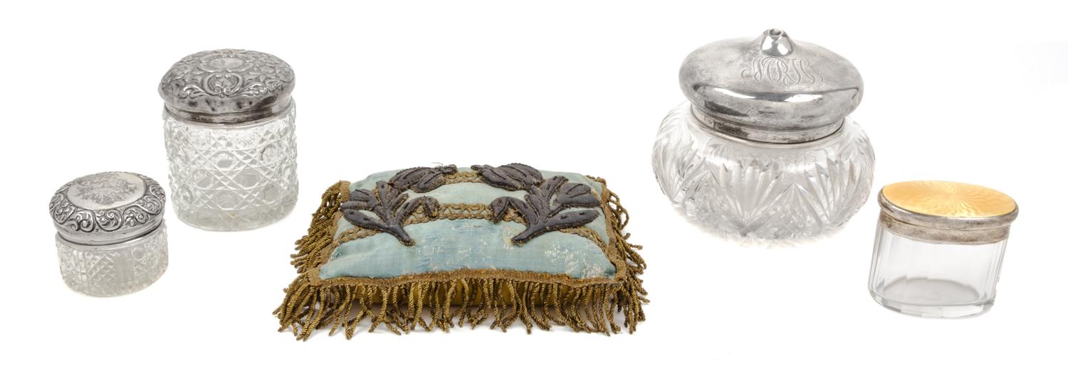 A Collection of Four American Silver-Mounted Glass Dresser Jars, 19TH/20TH CENTURY, each of various forms and sizes, comprising two Ame