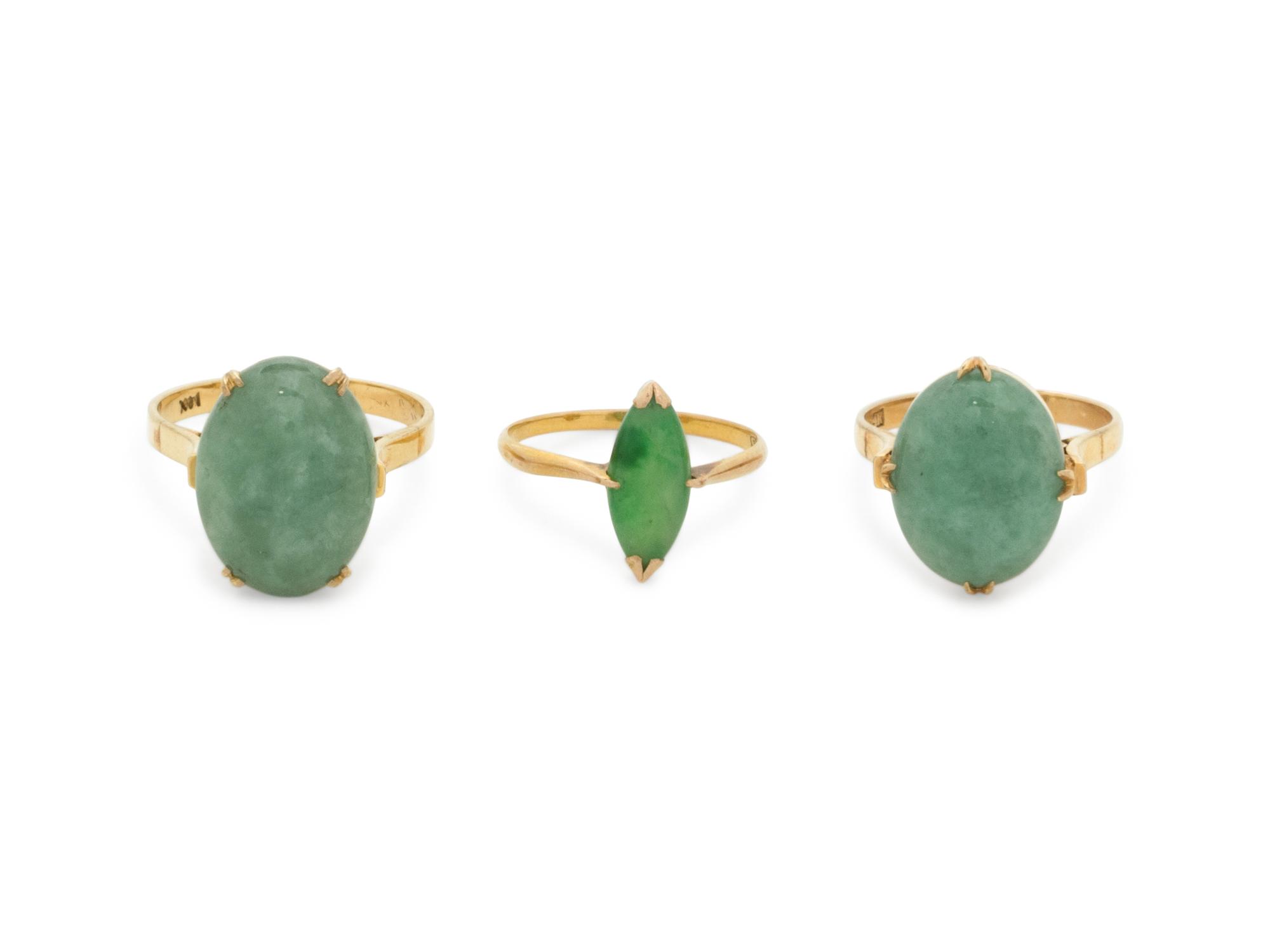 Three Chinese 14K Yellow Gold Mounted Jadeite Rings