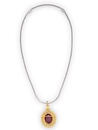 DIAMOND LINE NECKLACE WITH DIAMOND AND GLASS-FILLED RUBY PENDANT BROOCH