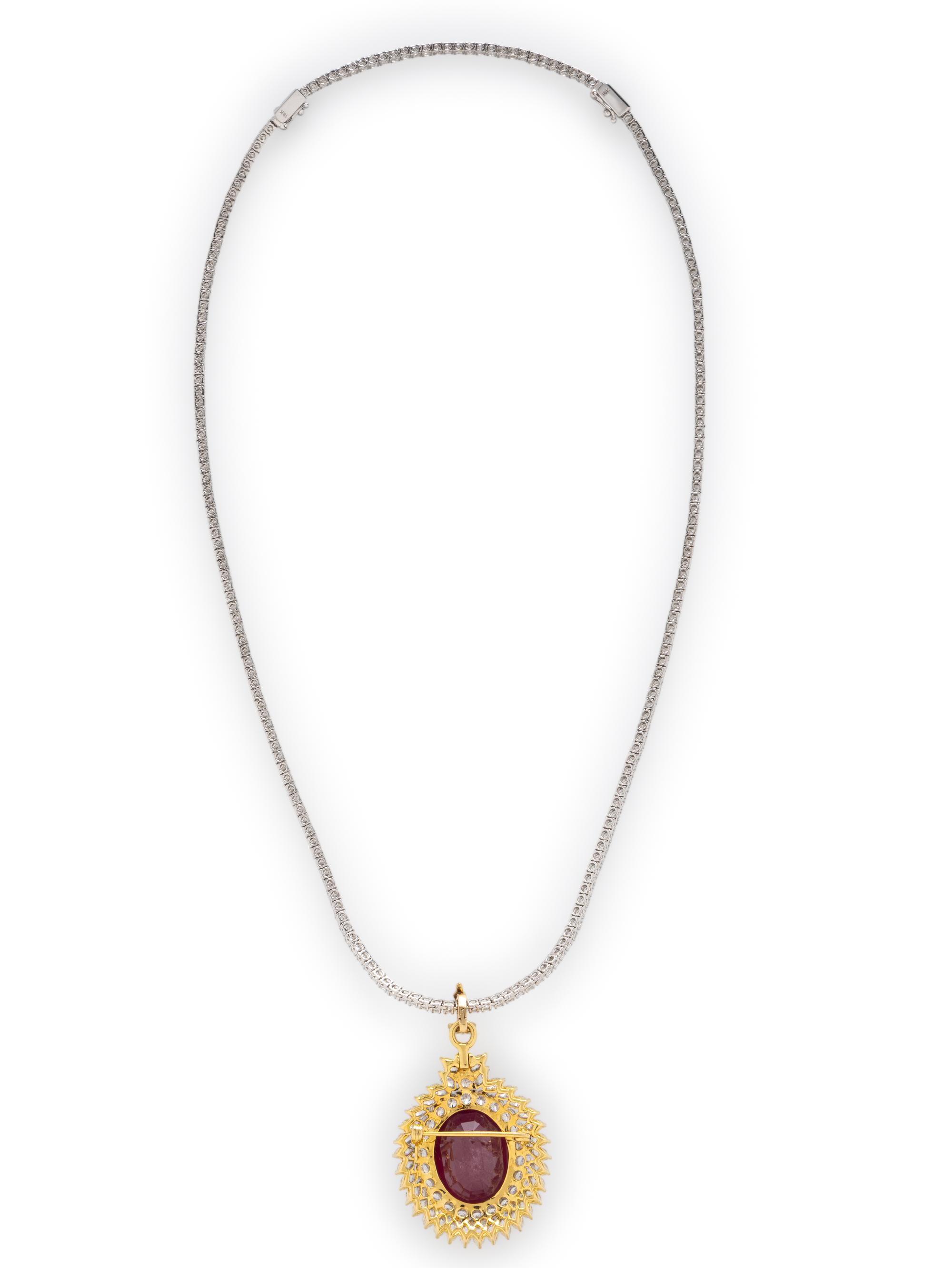 DIAMOND LINE NECKLACE WITH DIAMOND AND GLASS-FILLED RUBY PENDANT BROOCH
