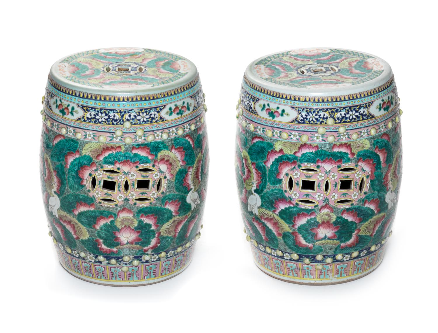 A Pair of Chinese Famille Rose Porcelain Garden Stools Height 18 inches. — 20TH CENTURY