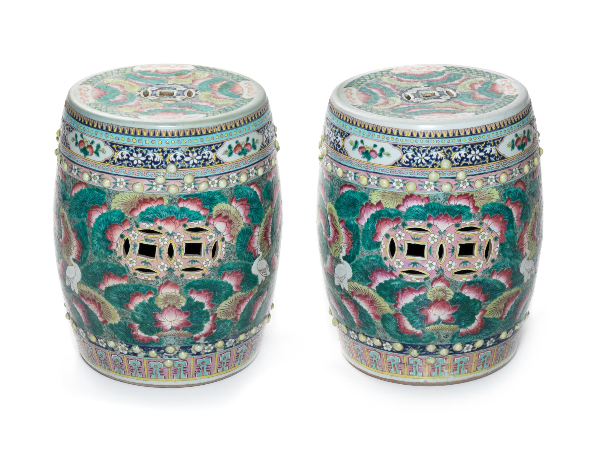 A Pair of Chinese Famille Rose Porcelain Garden Stools Height 18 inches. — 20TH CENTURY