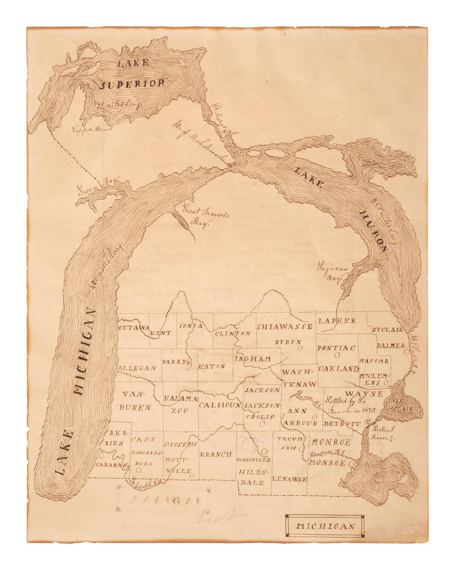 A Pen and Ink Hand-Drawn Student's Double-Sided Map of Michigan and Indiana