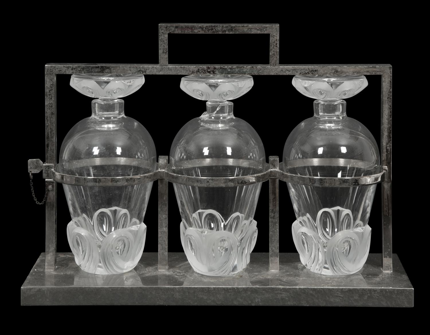 A Lalique Fleurs Silver-Plate and Glass Tantalus