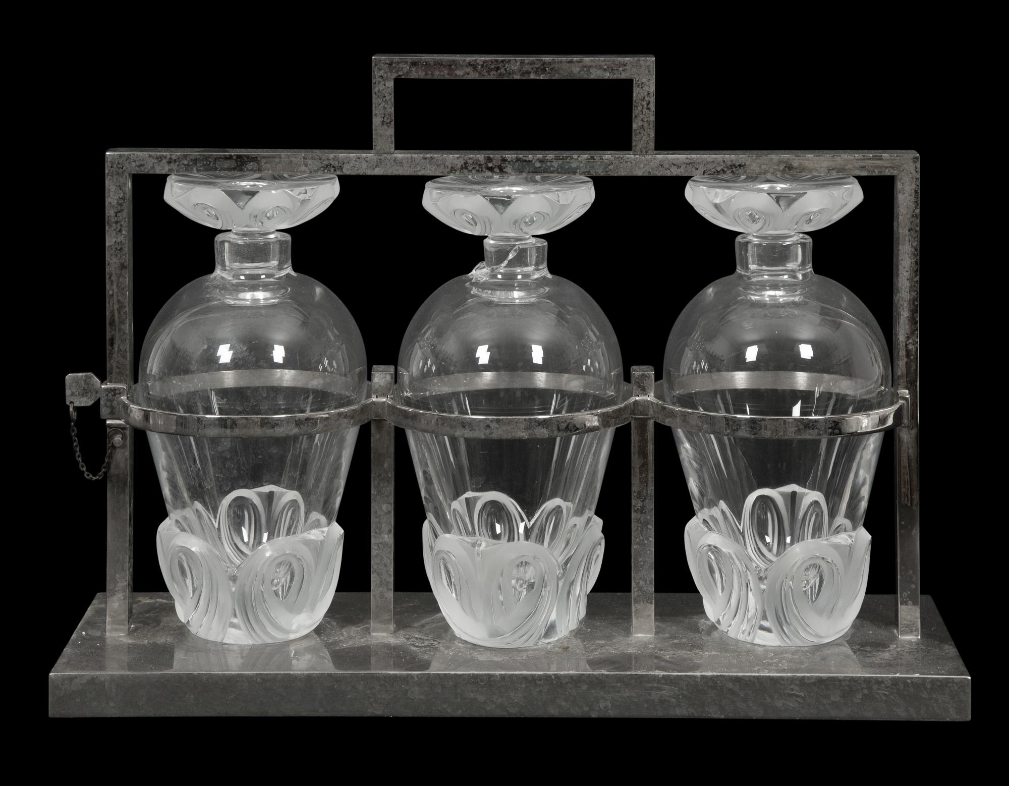 A Lalique Fleurs Silver-Plate and Glass Tantalus
