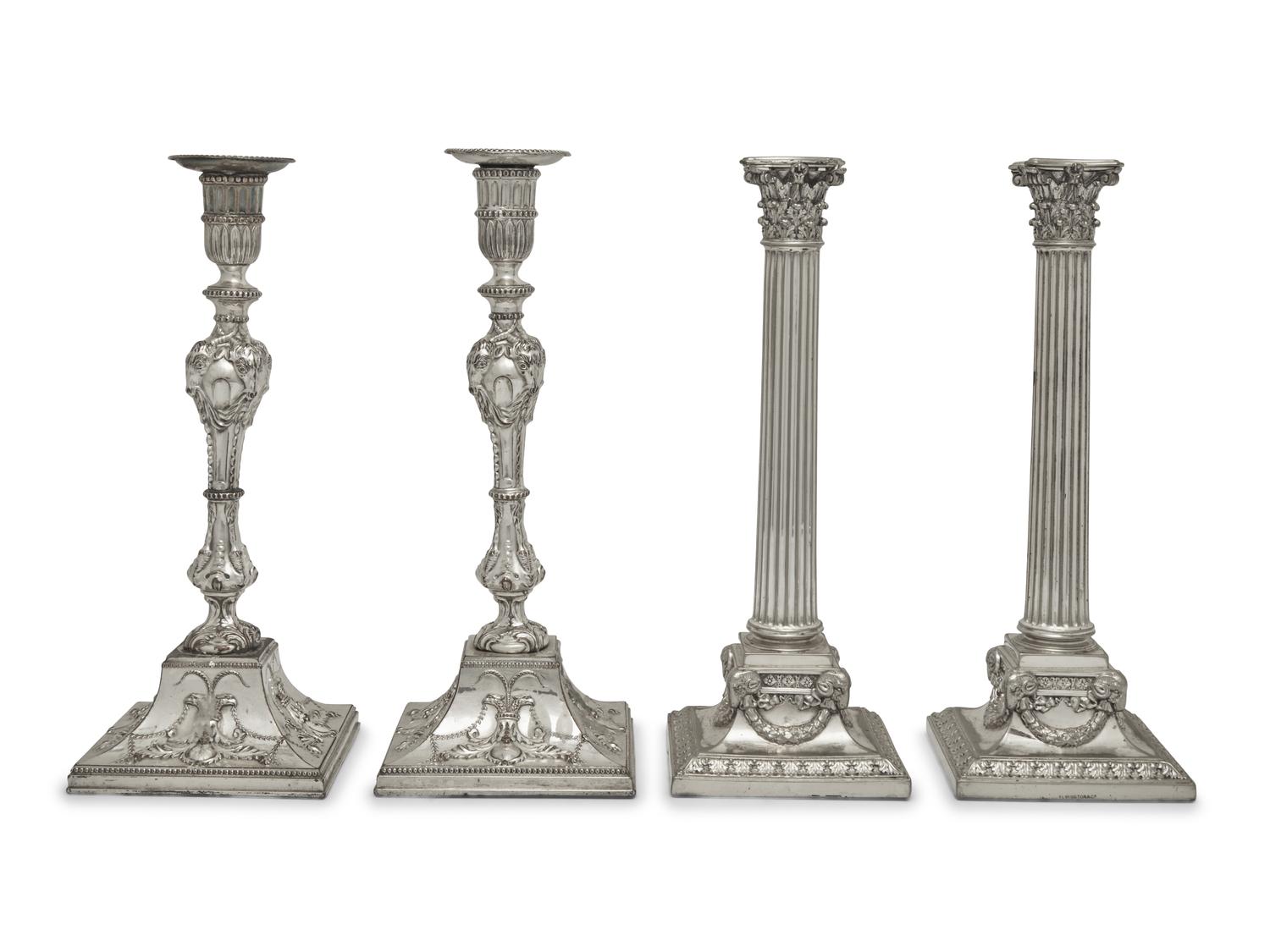 A Pair of George III Neoclassical Weighted Sheffield-Plate Candlesticks