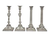 A Pair of George III Neoclassical Weighted Sheffield-Plate Candlesticks