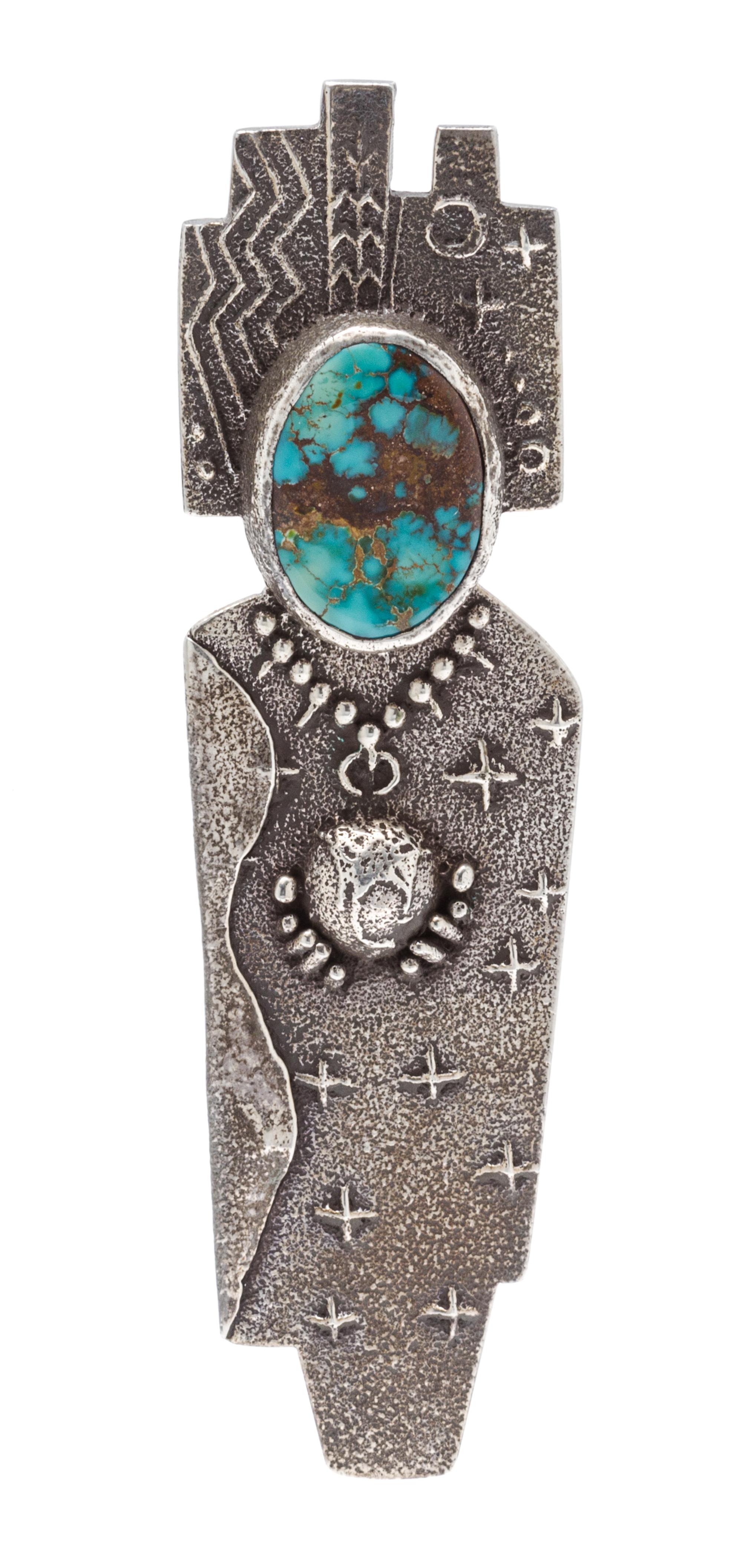 A Tufa Cast Sterling Silver and Turquoise Pendant/Brooch, Anthony Lovato, Santo Domingo Pueblo, Circa 1996, 39.60 dwts.