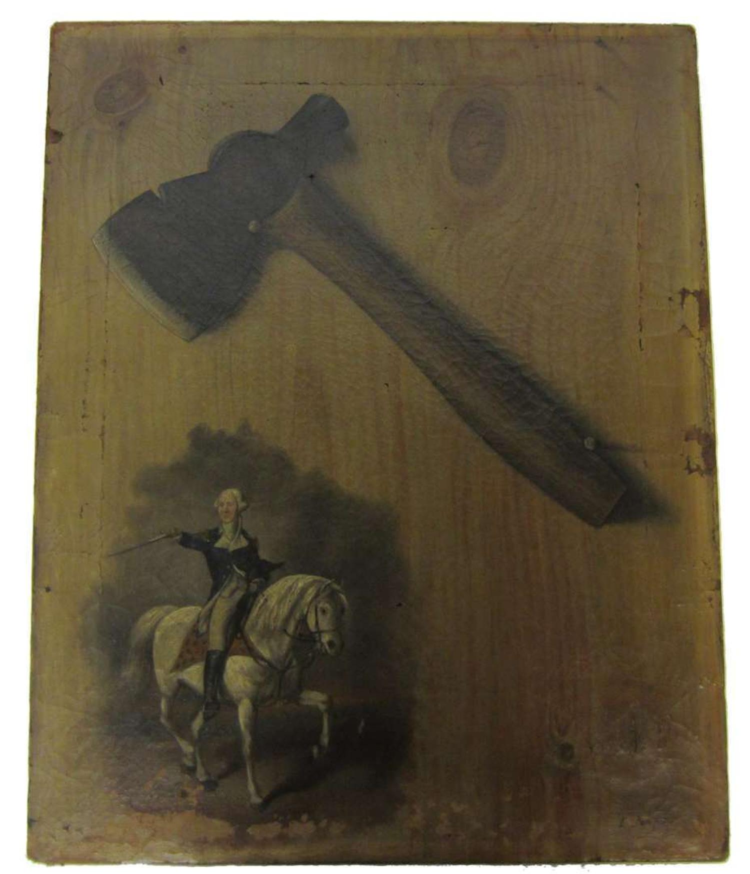 American School 19th century trompe l'oeil painting of george washington and his cherry tree hatchet