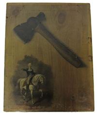 American School 19th century trompe l'oeil painting of george washington and his cherry tree hatchet