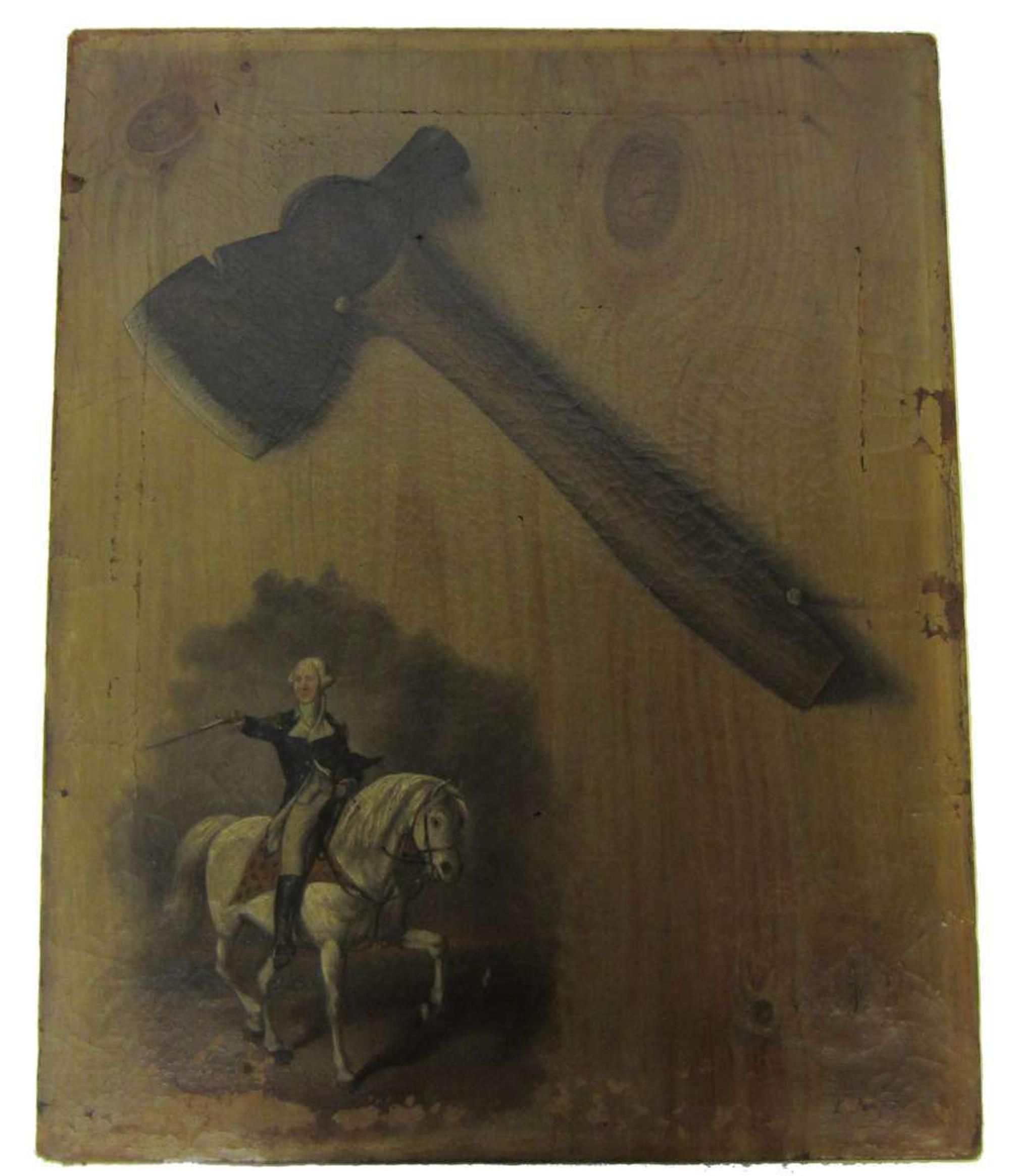 American School 19th century trompe l'oeil painting of george washington and his cherry tree hatchet