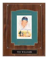A Ted Williams Signed Autograph Perez Steele Baseball Postcard Plaque (Beckett Authentication Services Letter),