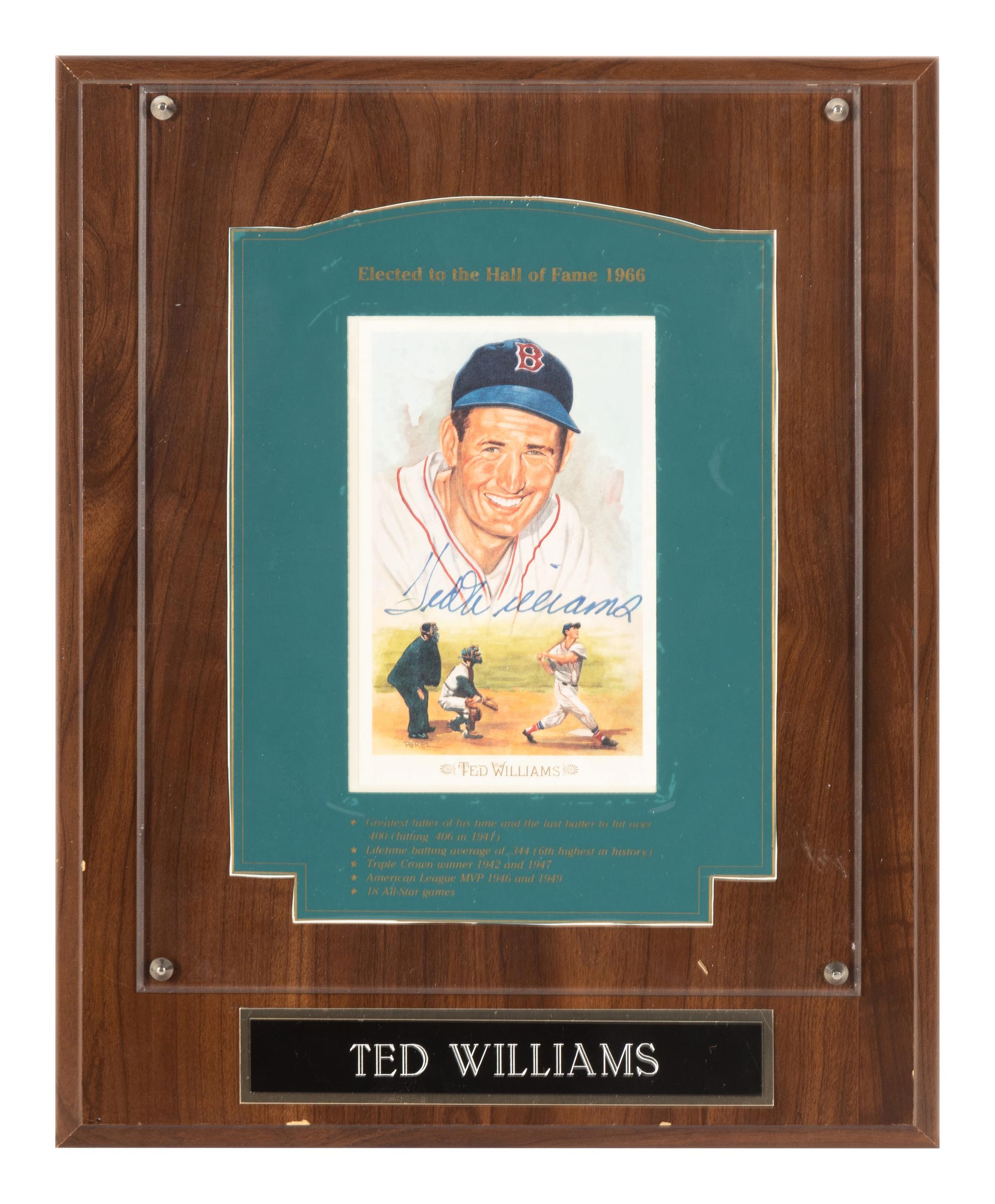 A Ted Williams Signed Autograph Perez Steele Baseball Postcard Plaque (Beckett Authentication Services Letter),