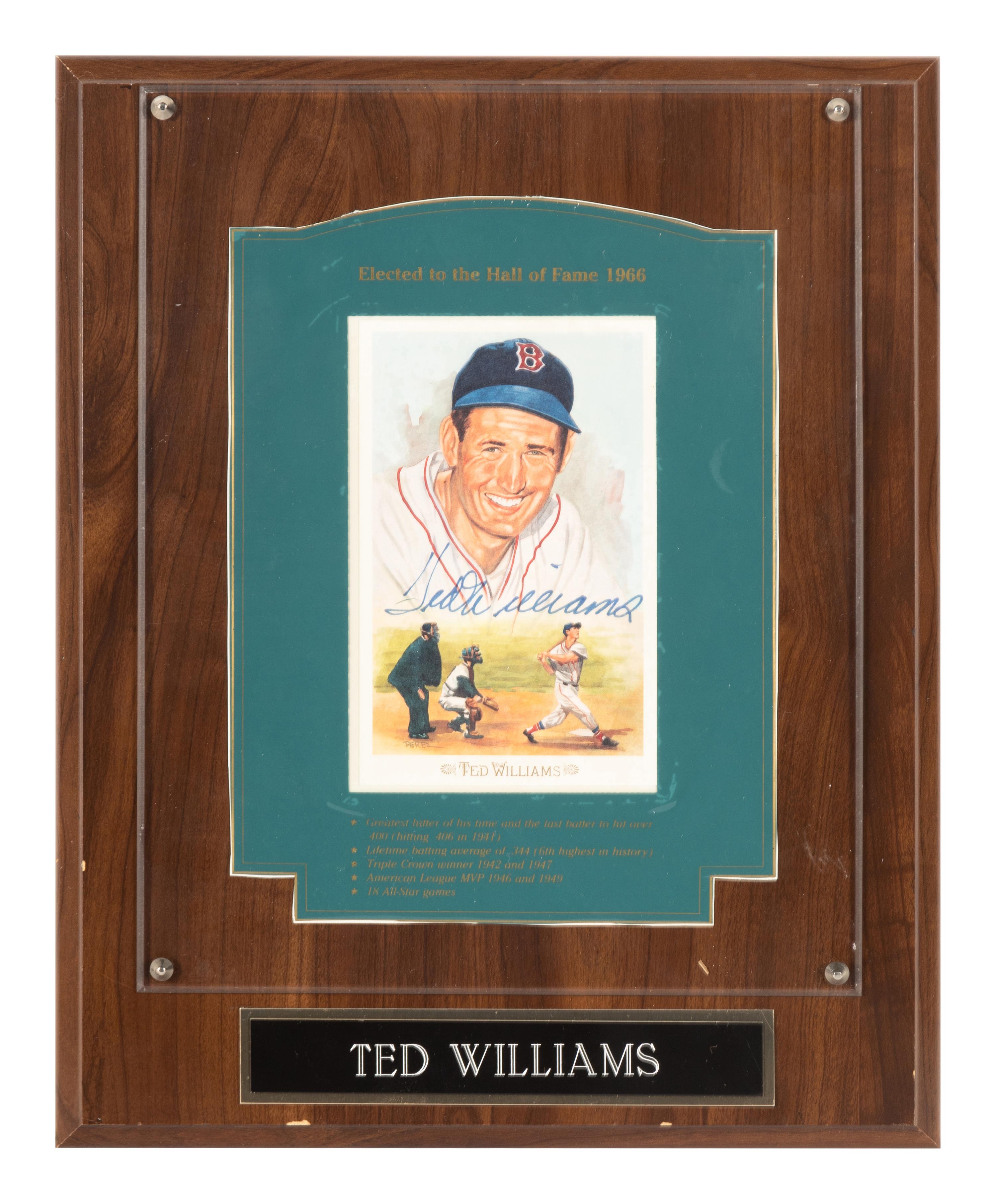 A Ted Williams Signed Autograph Perez Steele Baseball Postcard Plaque (Beckett Authentication Services Letter),