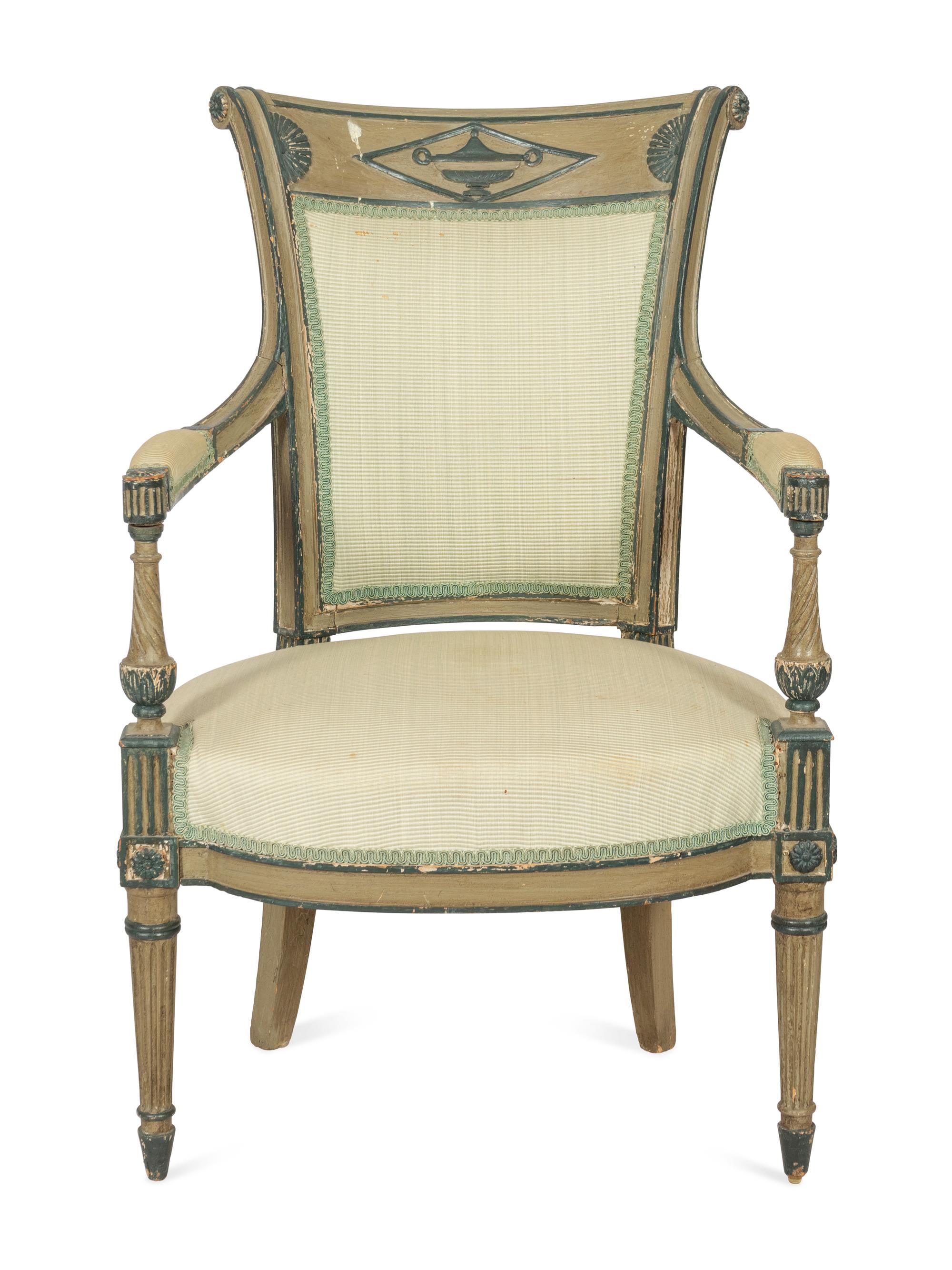 A Directoire Blue and Grey-Painted Beechwood Fauteuil