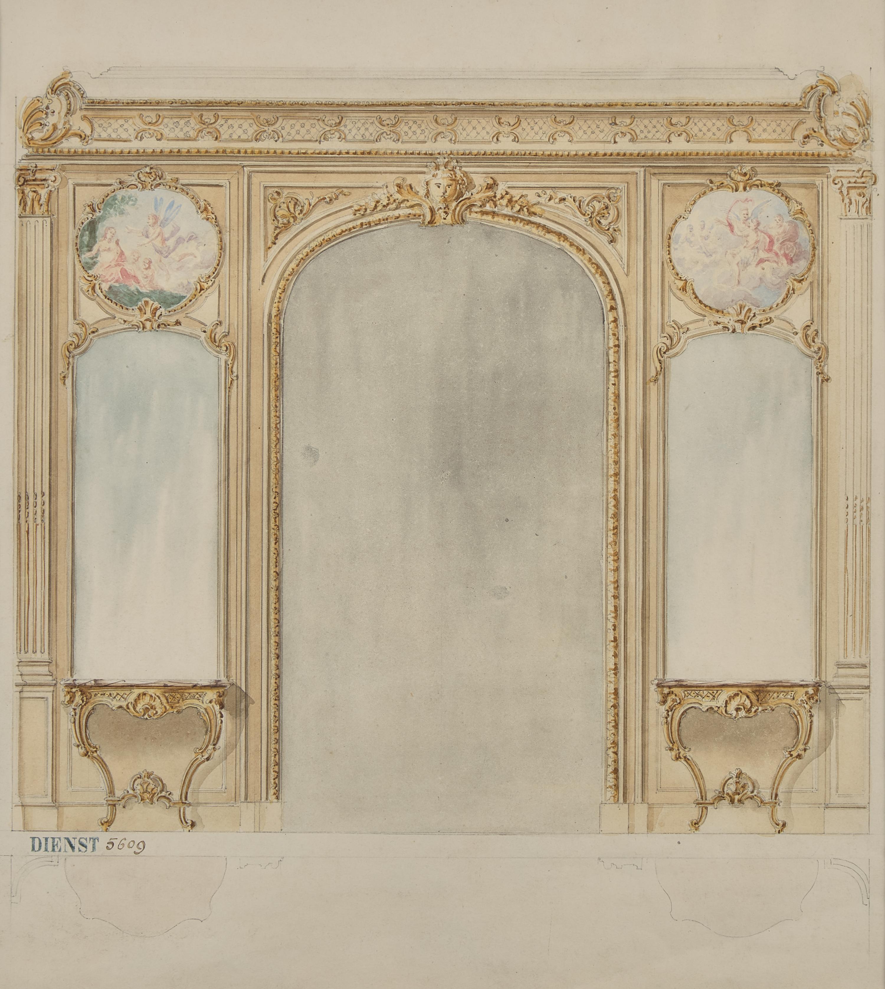 Attributed to Eugène Dienst (French, 19th Century), A Group of Six Hand-Drawn and Painted Studies of French Interiors