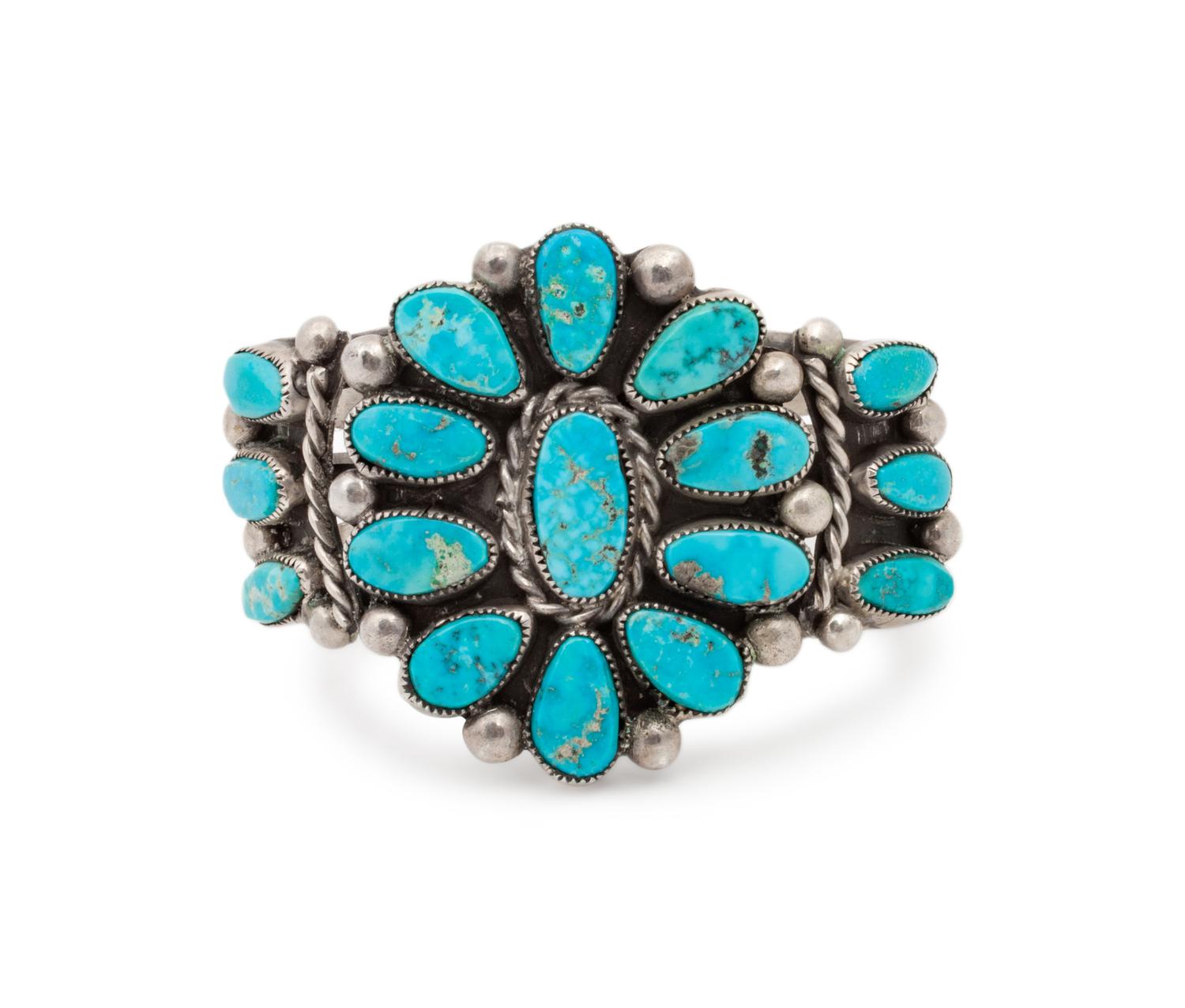 Zuni Silver and Turquoise Cluster Cuff Bracelet