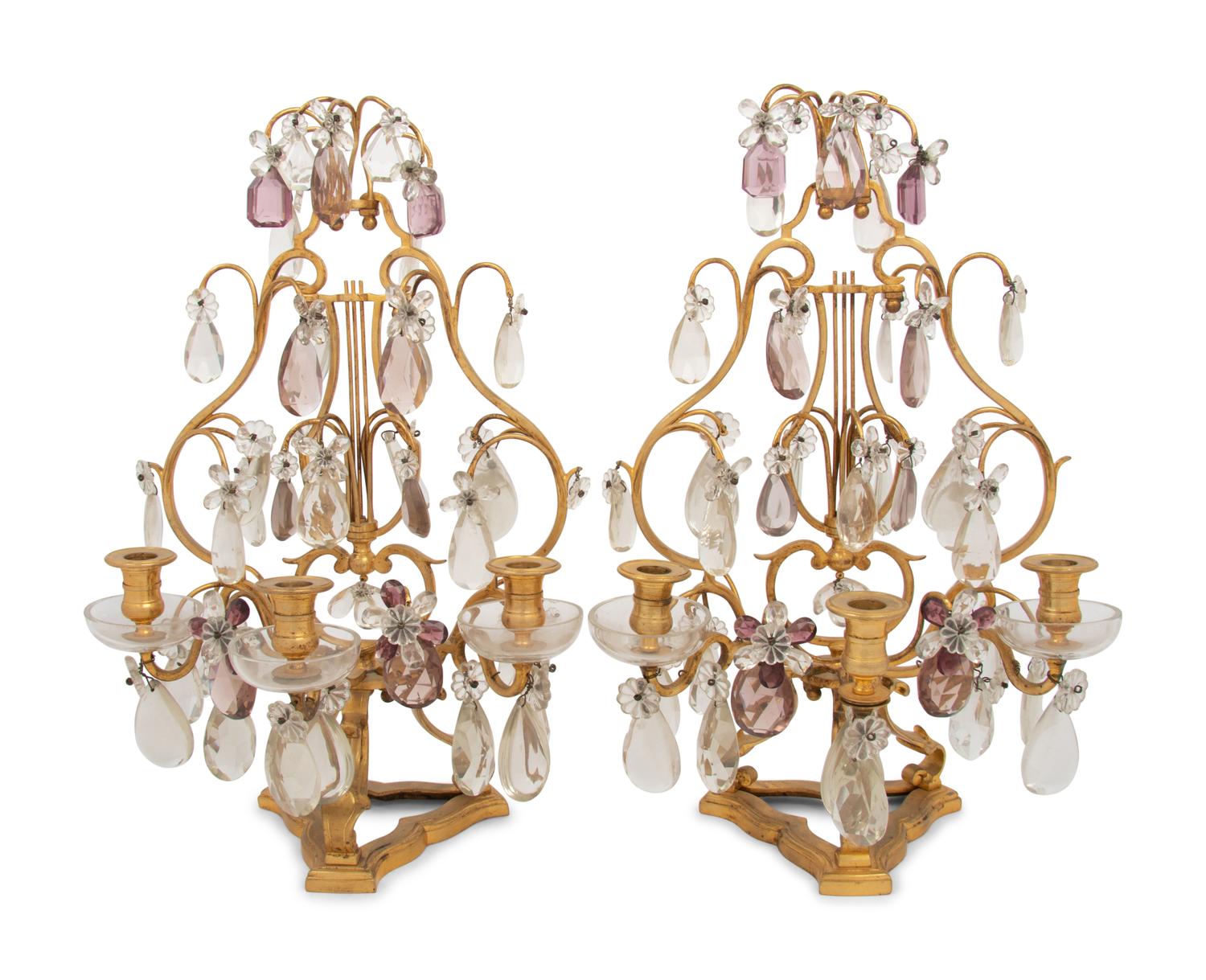 A Pair of French Gilt Bronze and Glass Three-Light Girandoles