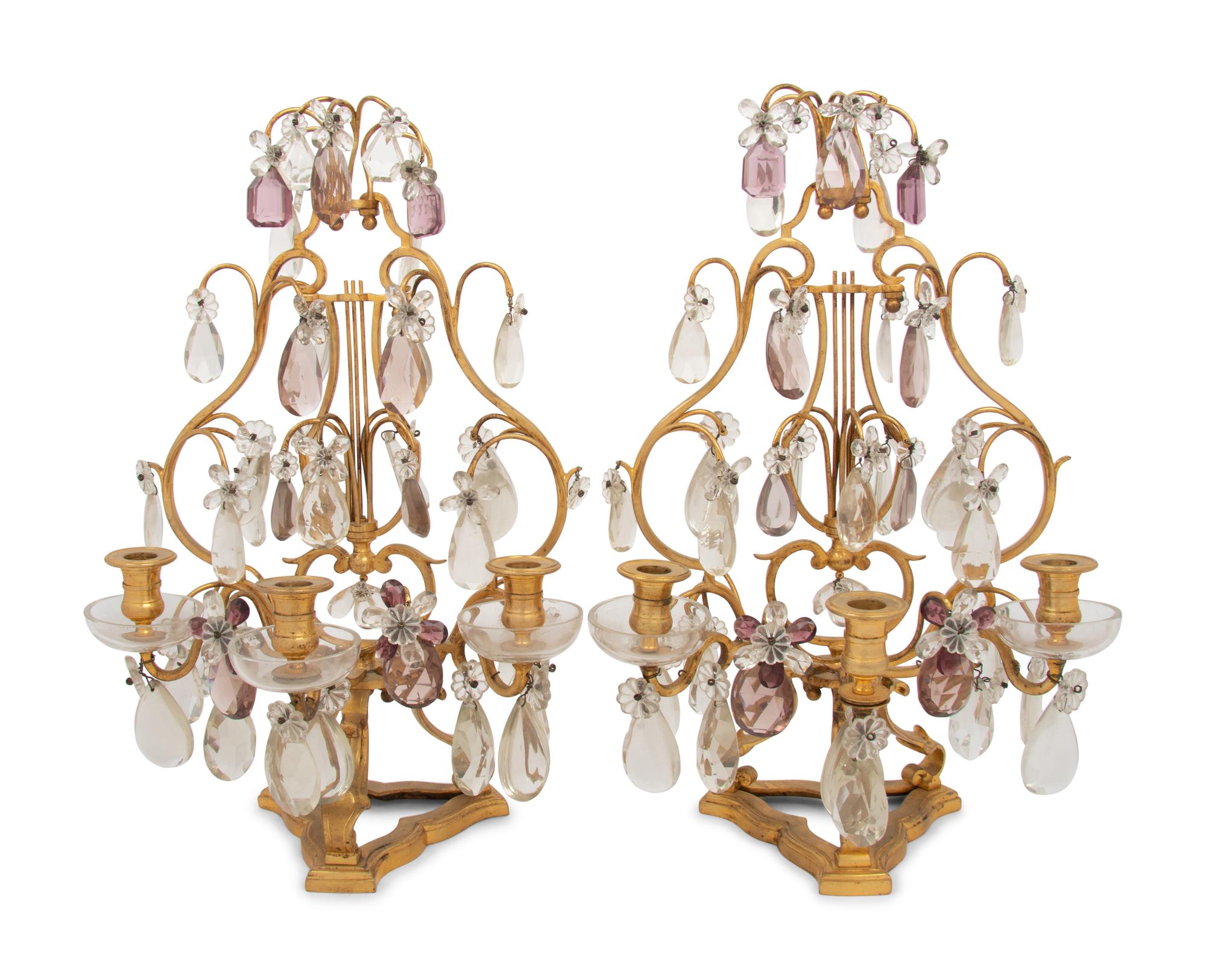 A Pair of French Gilt Bronze and Glass Three-Light Girandoles