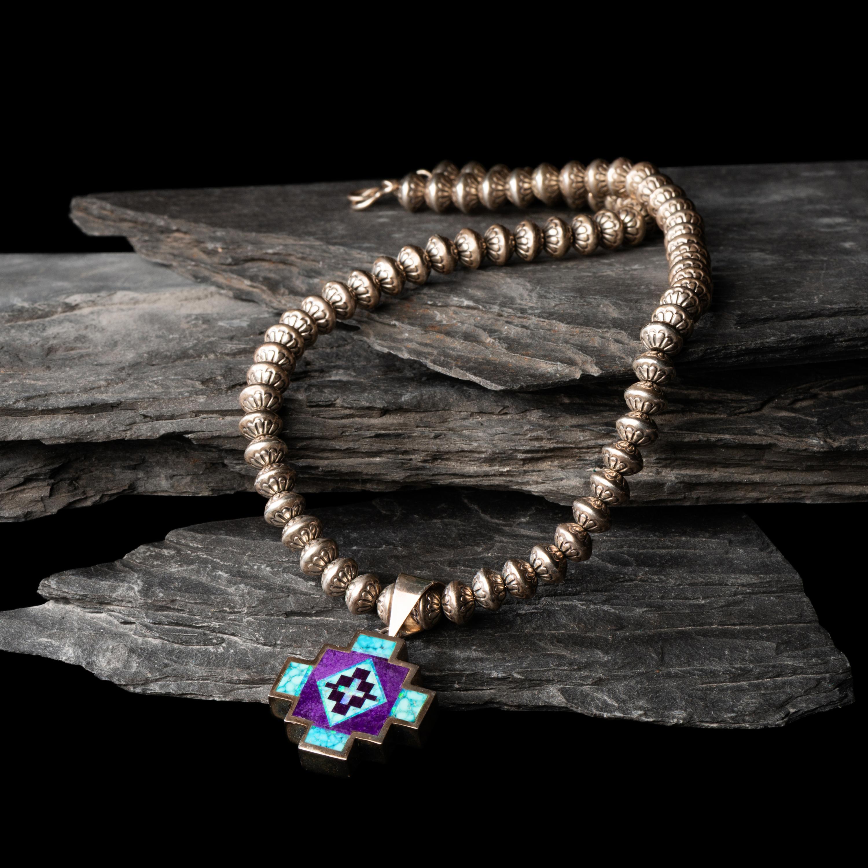 Peterson Chee (Diné, 20th century) — Sterling Silver and Mosaic Inlay Cuff Bracelet and Matching Necklace