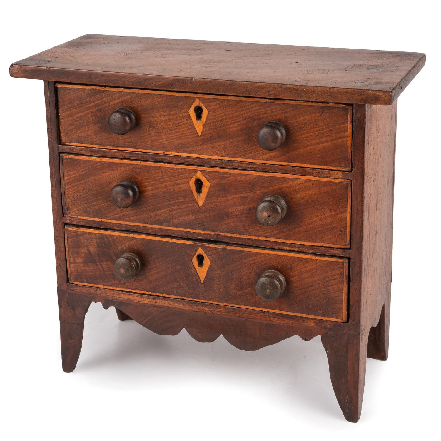 A Federal Inlaid and Carved Cherrywood Diminutive Chest of Drawers