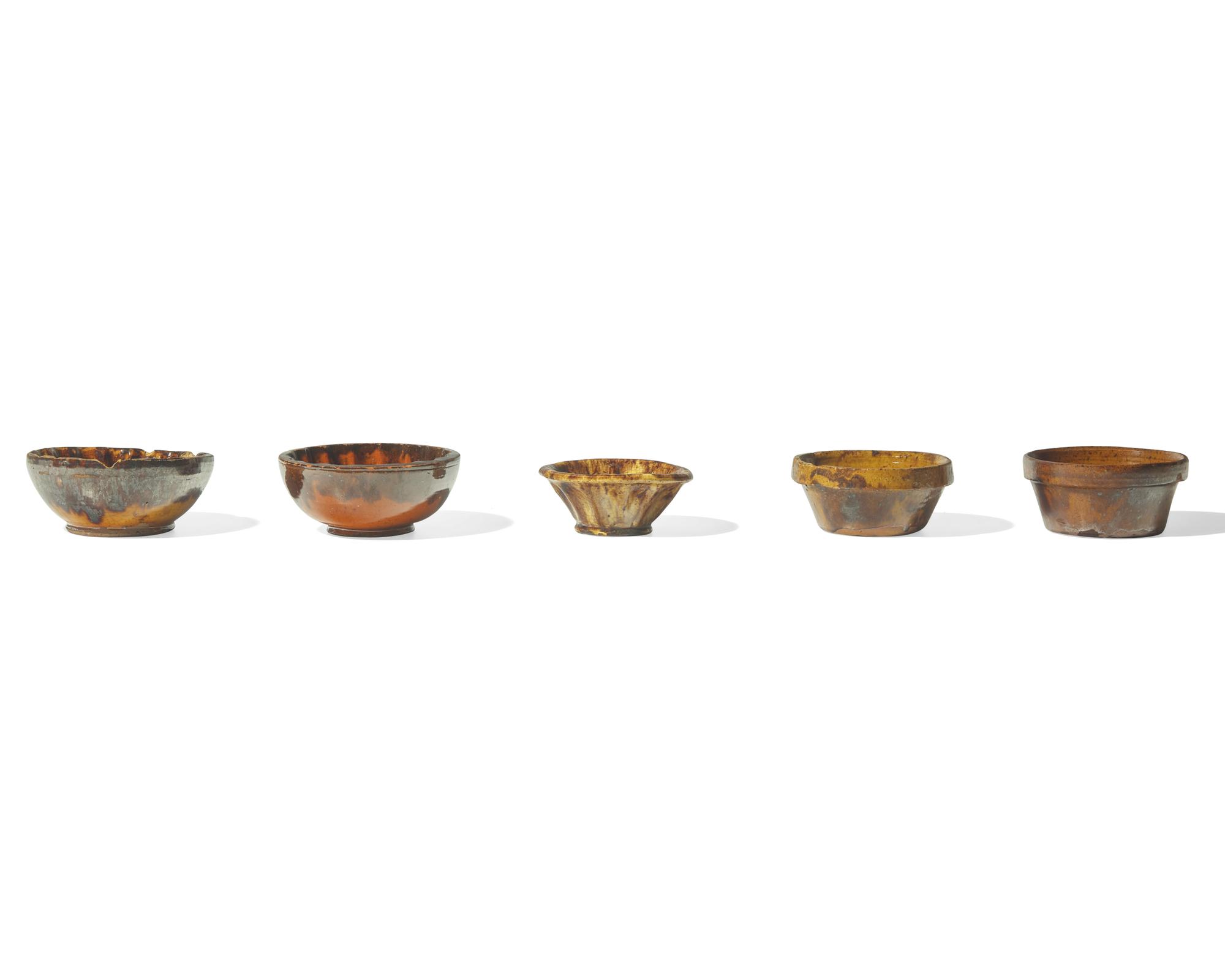 Three Glazed and Manganese Splashed Miniature Turk's Hat Redware Pudding Molds, Pennsylvania, 19th Century