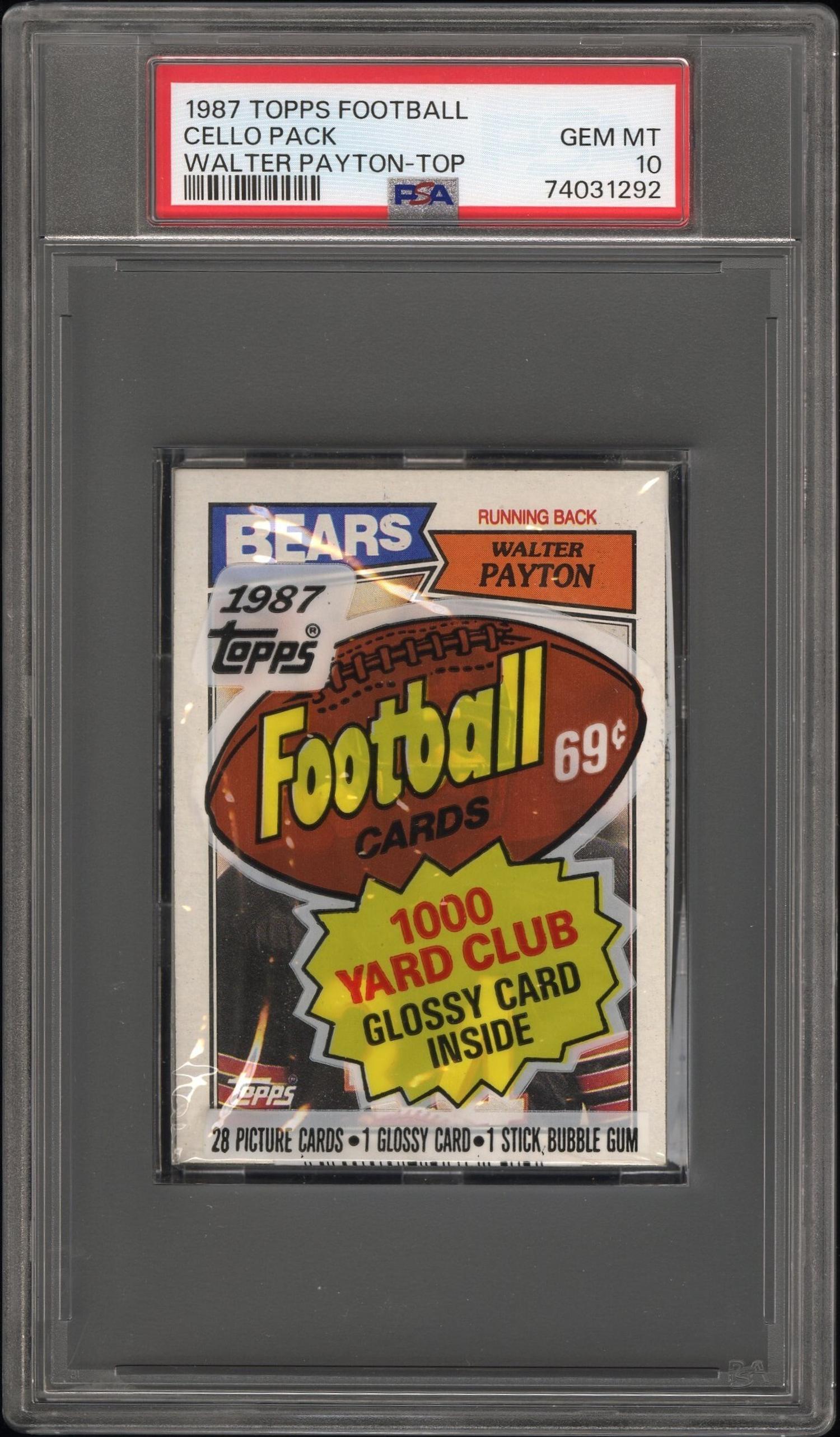 An Unopened Cello Pack of 1988 Topps Football Cards With Walter Payton On Top (PSA 10 GEM MINT)