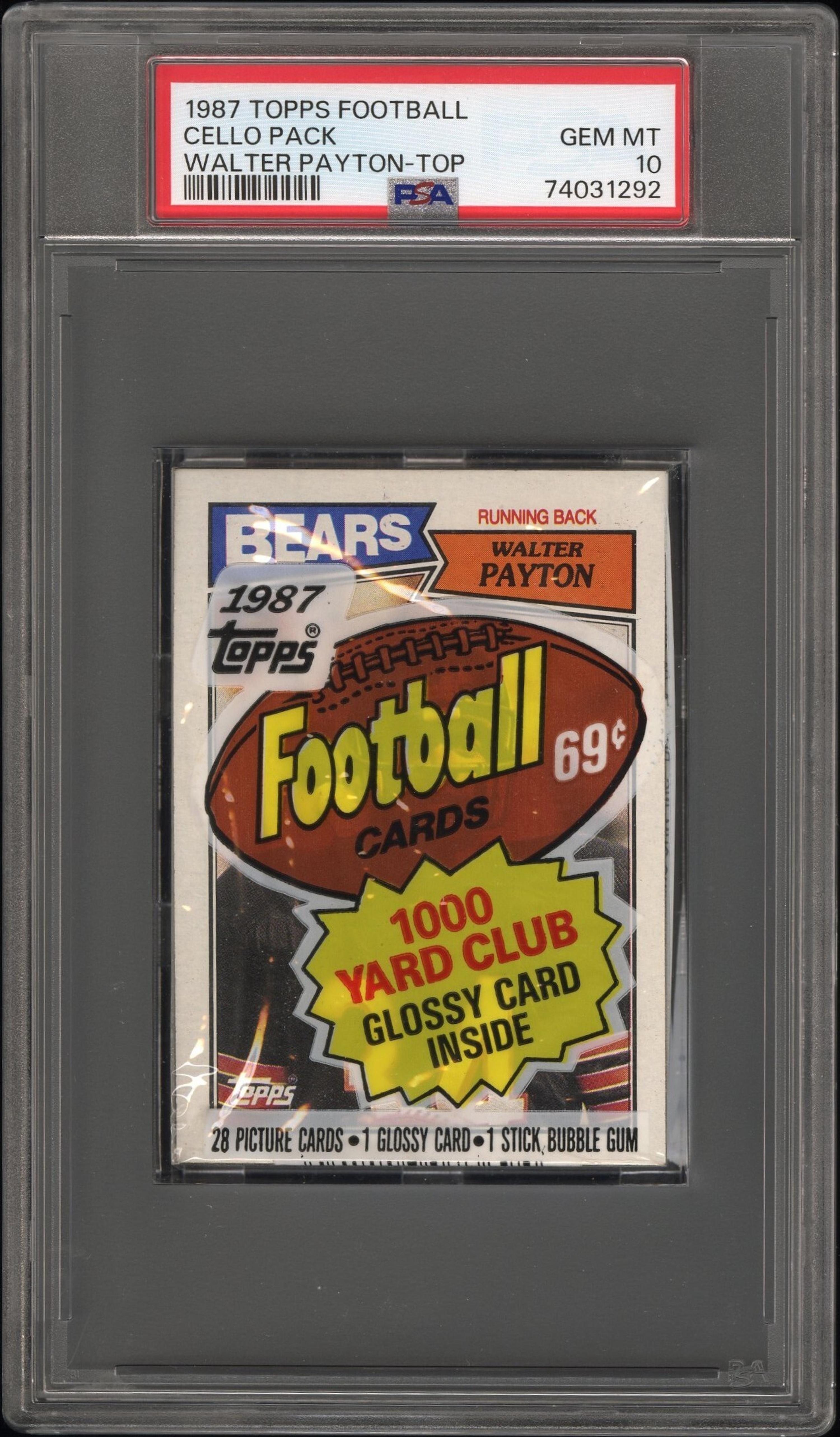 An Unopened Cello Pack of 1988 Topps Football Cards With Walter Payton On Top (PSA 10 GEM MINT)