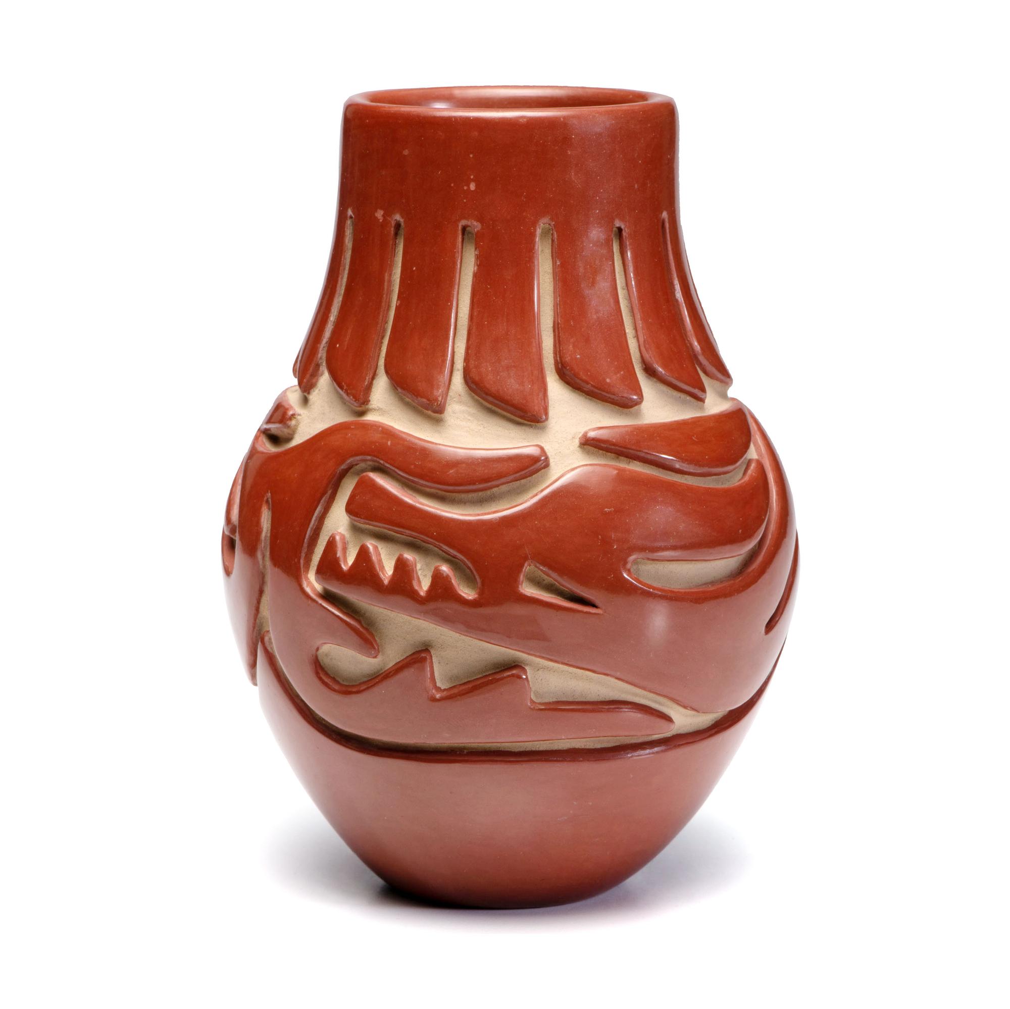 Carved Redware Jar, with Avanyu