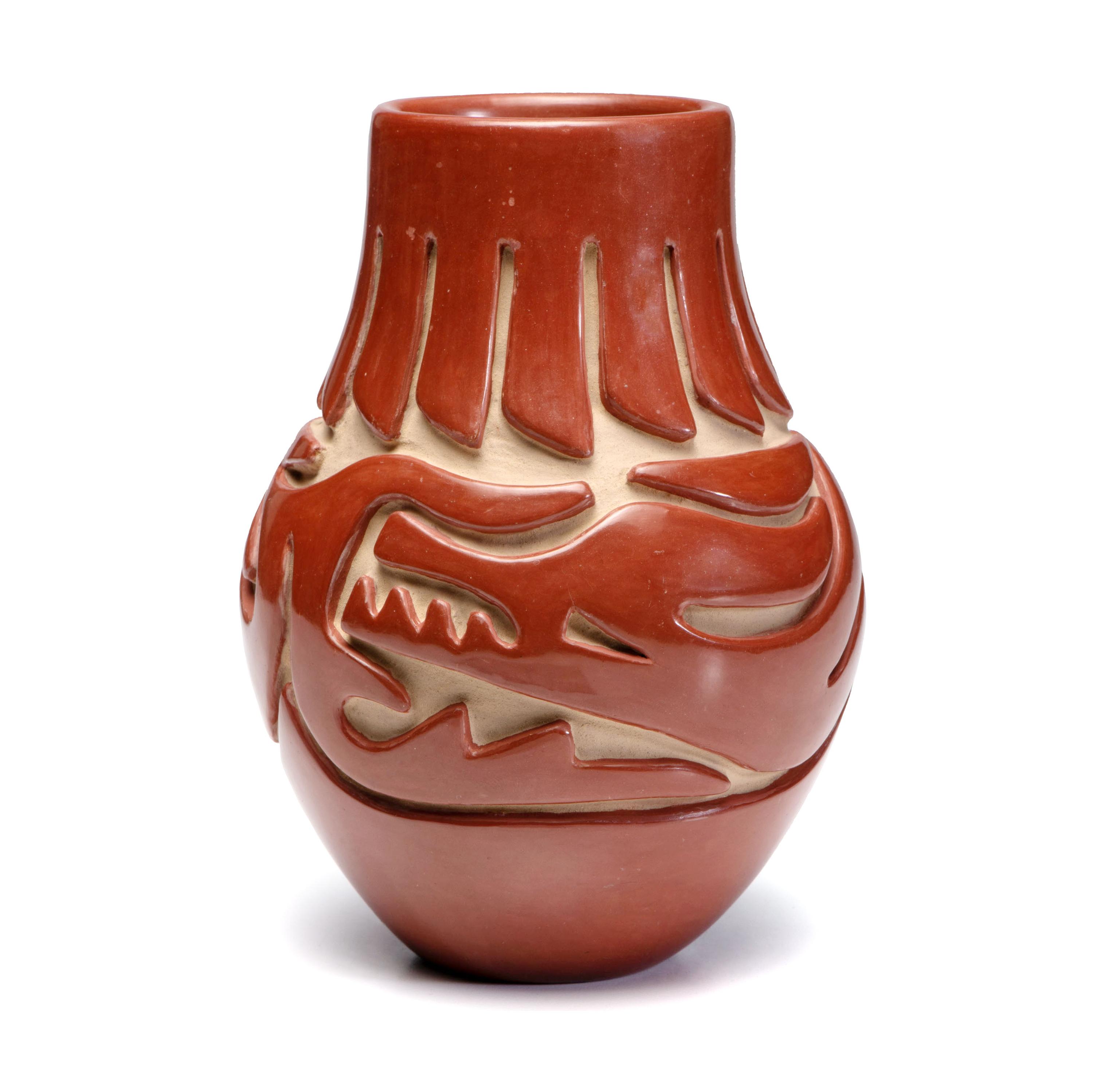 Carved Redware Jar, with Avanyu