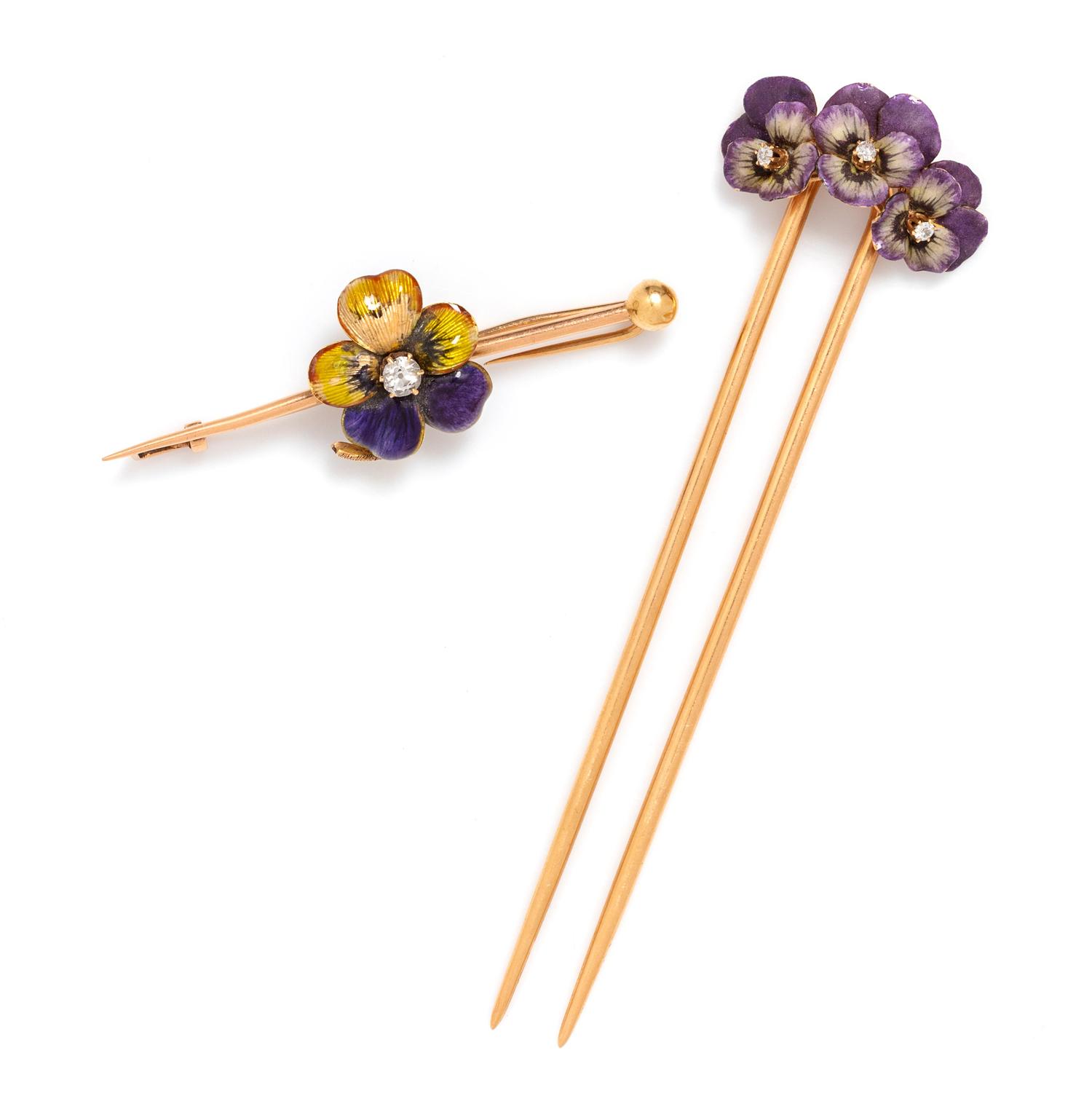 Collection of Art Nouveau, Diamond and Polychrome Pansy Jewelry
