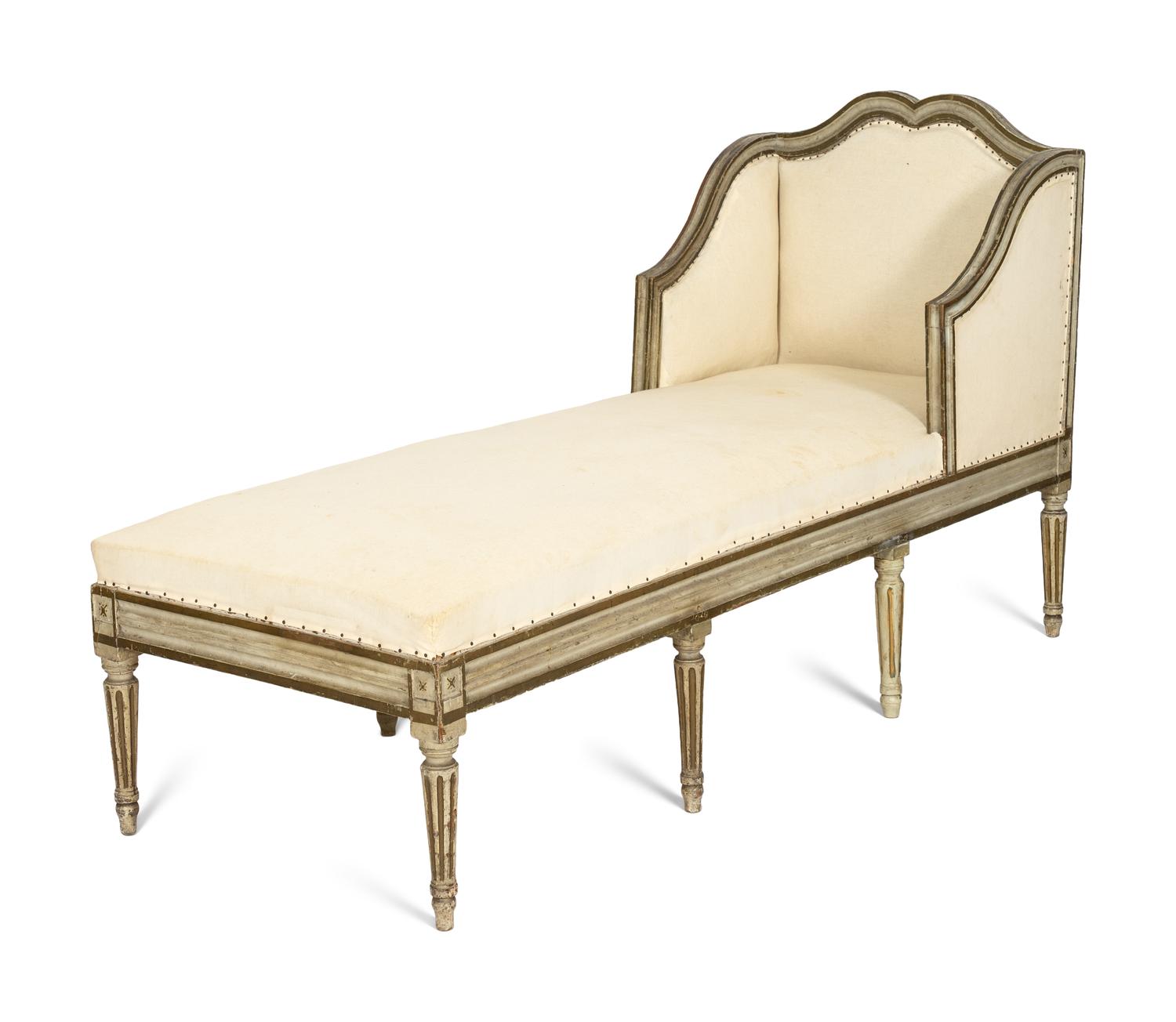 A Louis XVI Painted and Parcel Gilt Chaise Longue