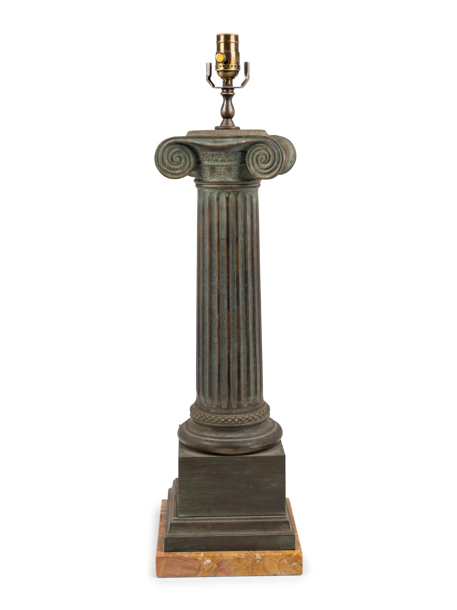 A Patinated Cast Metal and Marble "Ionic Column" Table Lamp