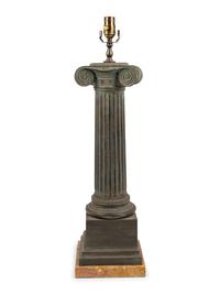 A Patinated Cast Metal and Marble "Ionic Column" Table Lamp