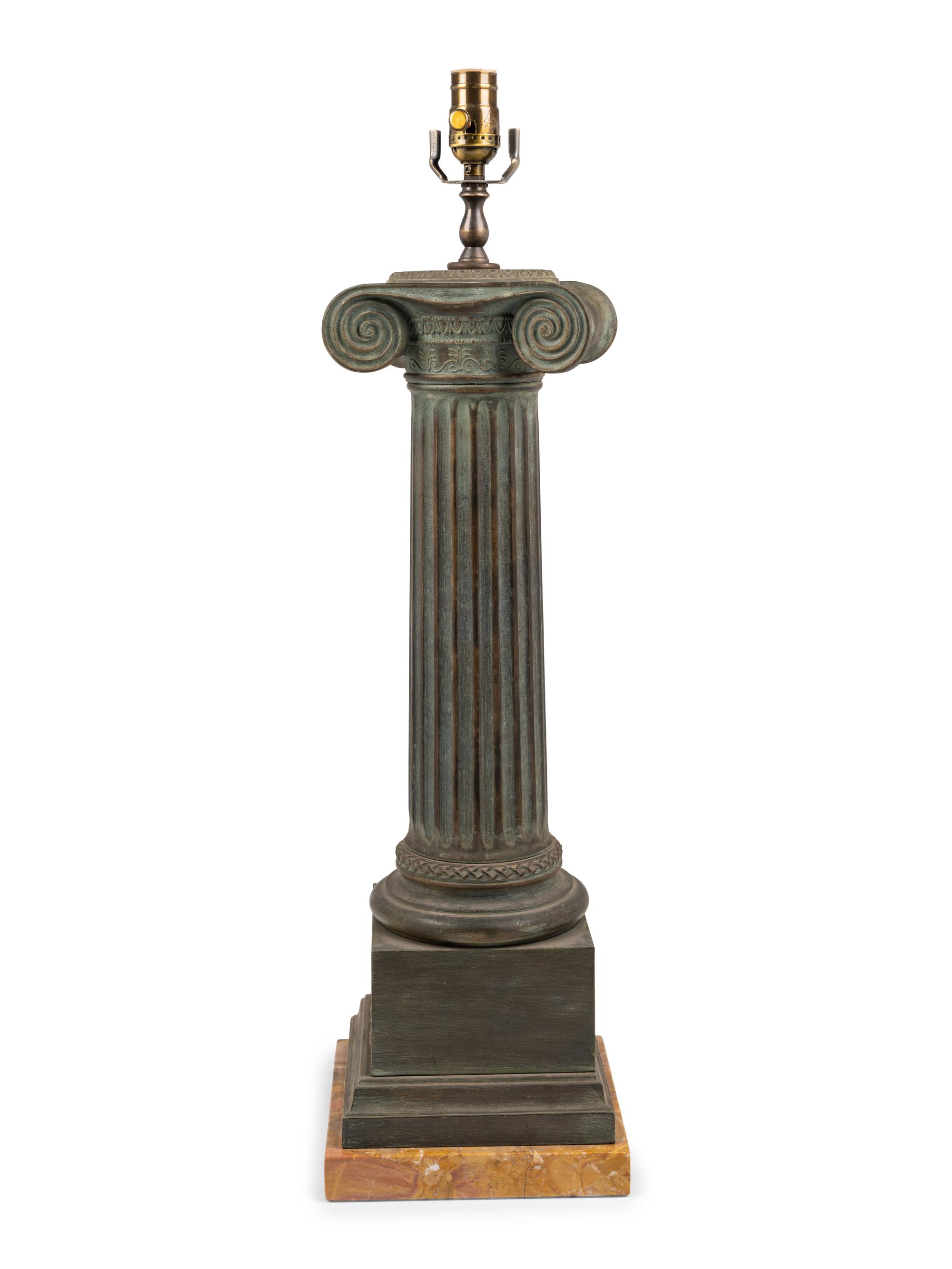A Patinated Cast Metal and Marble "Ionic Column" Table Lamp
