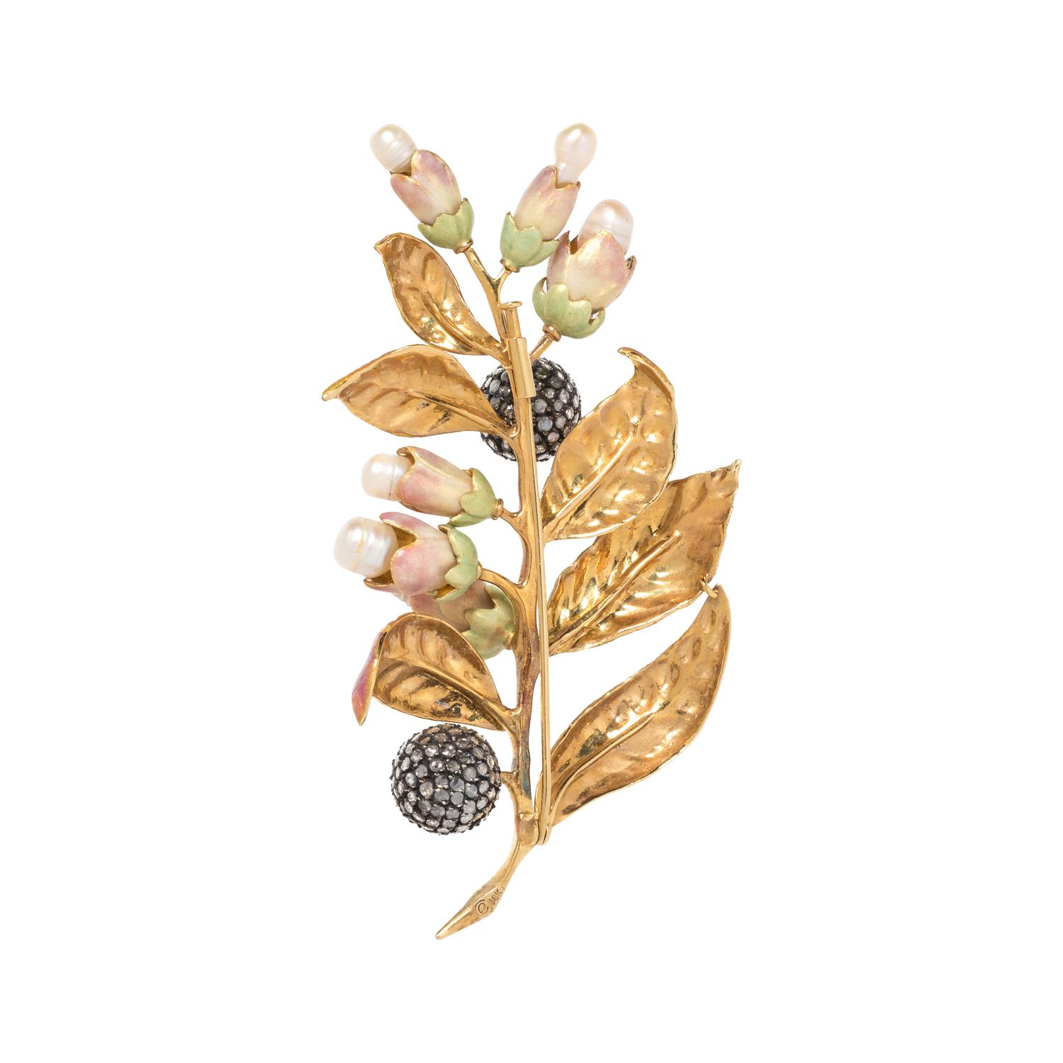 EVELYN CLOTHIER, ENAMEL, DIAMOND AND CULTURED PEARL BROOCH