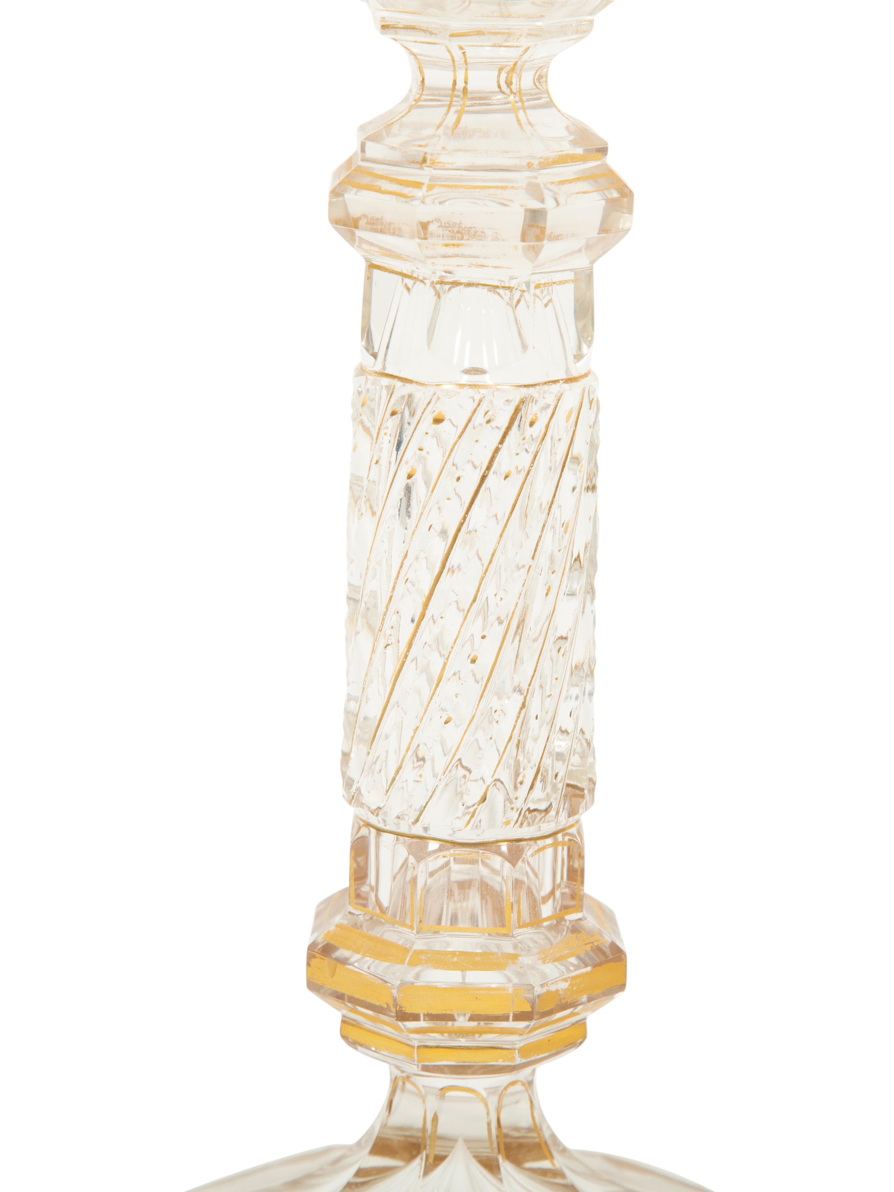 A Pair of French Gilt Decorated Cut Glass Candlesticks