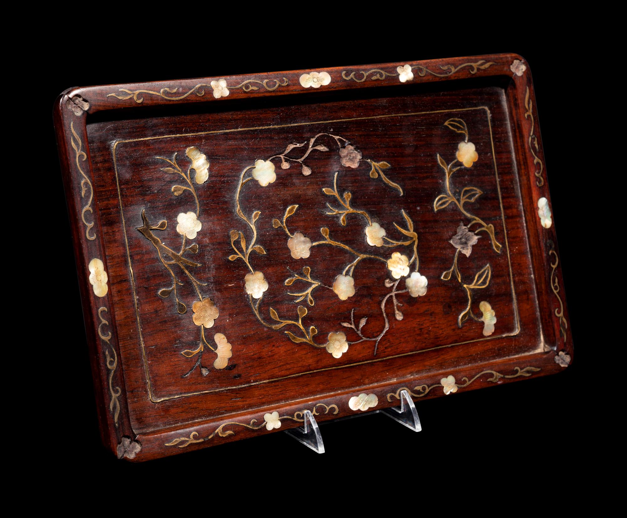 A Chinese Mother-of-Pearl Inlaid Hongmu Rectangular Tray