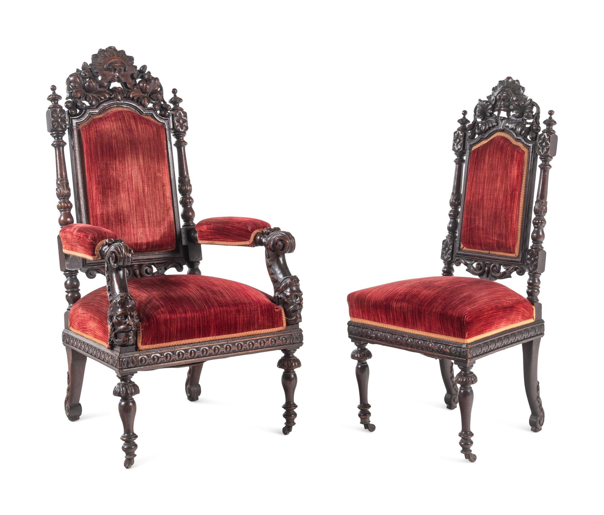 A Set of Ten Renaissance Revival Oak Dining Chairs