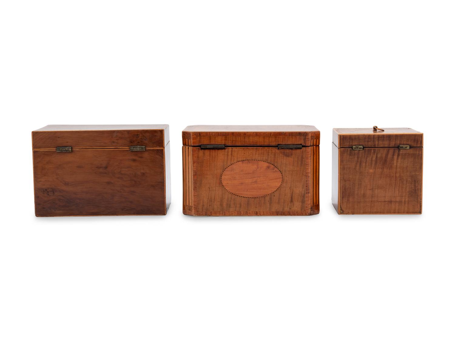 Three George III Mahogany or Burl Walnut and Satinwood Marquetry Tea Caddies