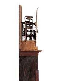 A Federal Red and Grain Painted Pine Wooden Works Tall Case Clock
