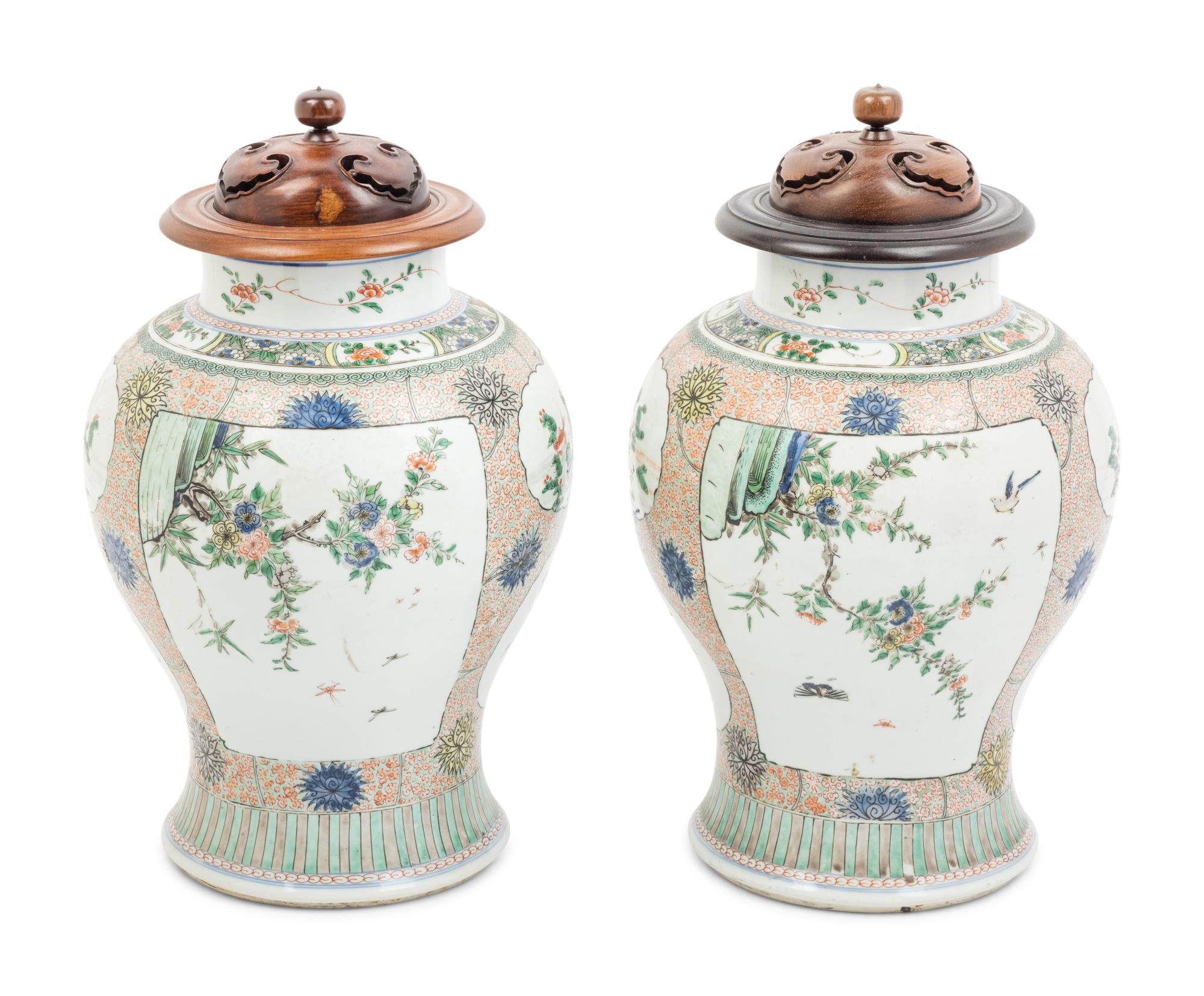 A Pair of Famille Verte Porcelain Baluster Jars