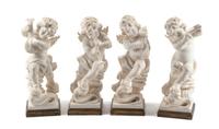 A Set of Four Italian Marble Figures of Musical Putti Height 25 x width 11 1/2 x depth 8 inches.