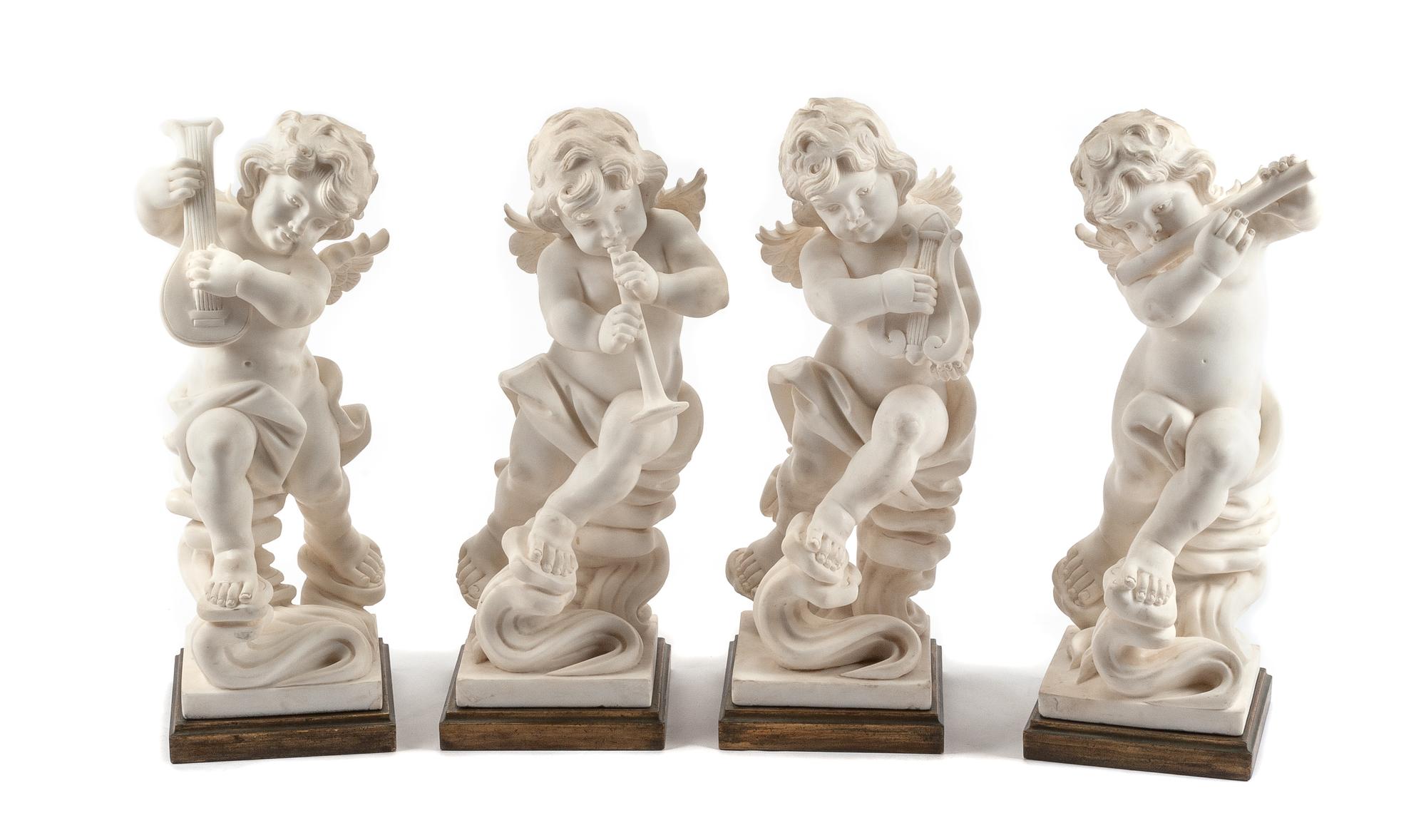 A Set of Four Italian Marble Figures of Musical Putti Height 25 x width 11 1/2 x depth 8 inches.