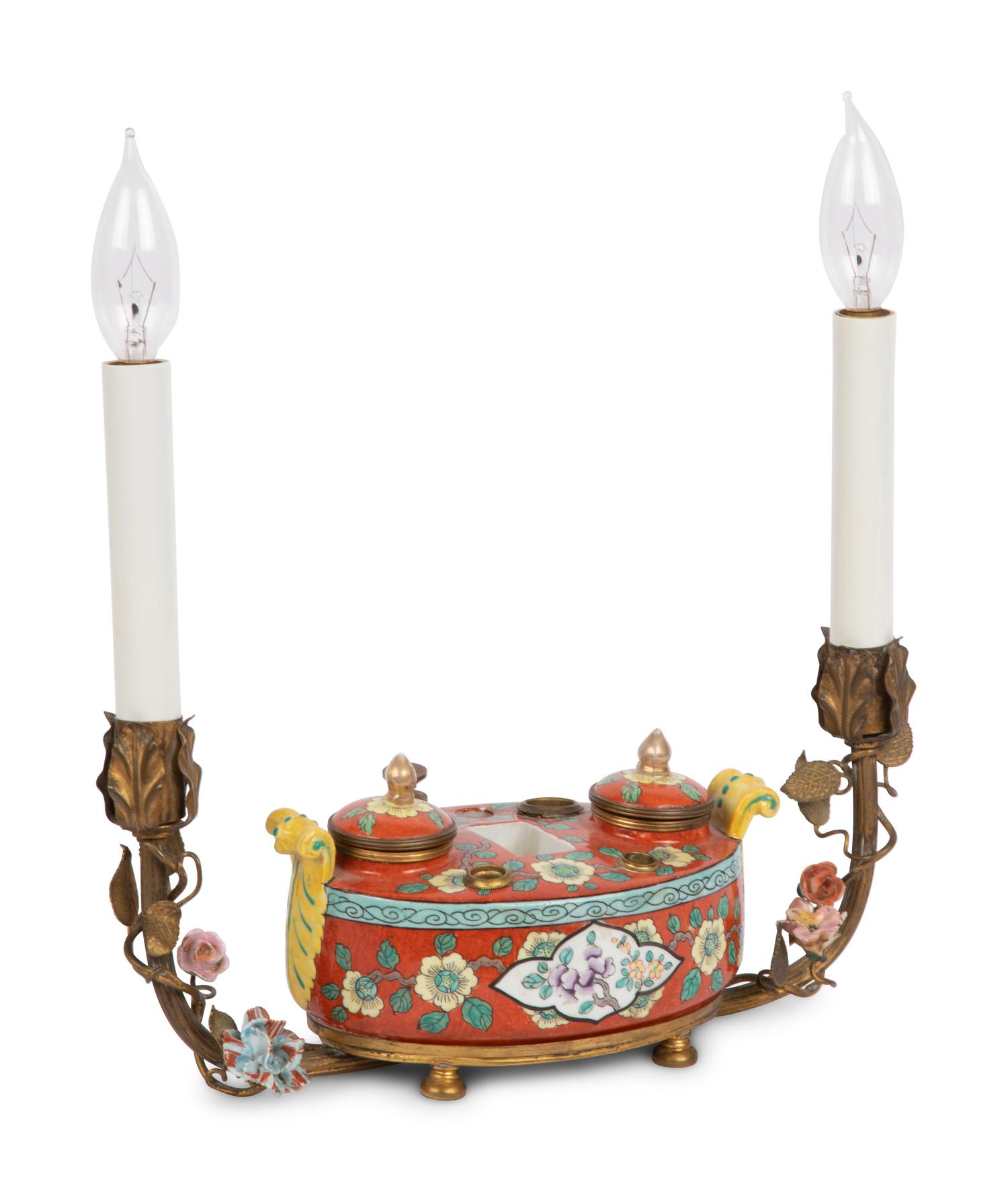 A French Porcelain Encrier Mounted as a Lamp