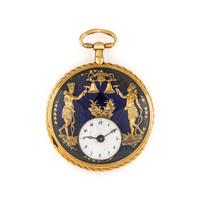 18K YELLOW GOLD AND ENAMEL REPEATING AUTOMATON POCKET WATCH