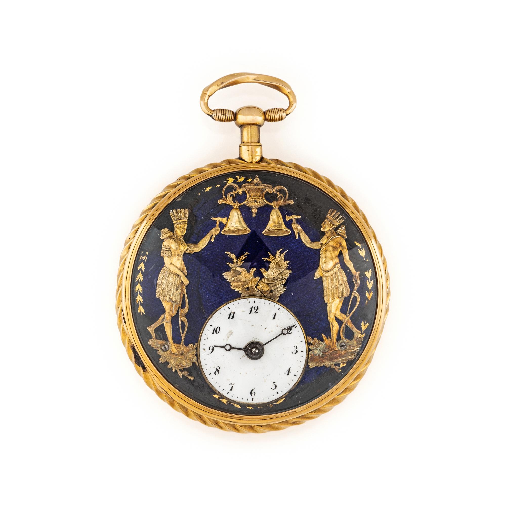 18K YELLOW GOLD AND ENAMEL REPEATING AUTOMATON POCKET WATCH