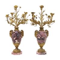 A Pair of Gilt Bronze Mounted Marble Five-Light Candelabra